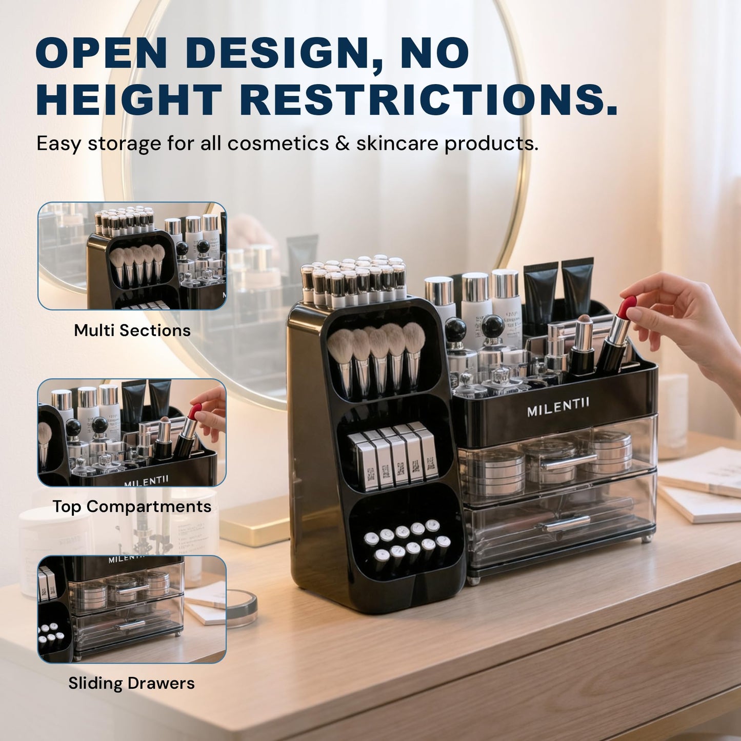 MILENTII Makeup Organizer with Drawers, Large Capacity Cosmetic & Skincare Storage Box, Countertop Vanity Organizer for Bathroom, Bedroom & Dresser, ABS Plastic Makeup Storage Organizer, Black