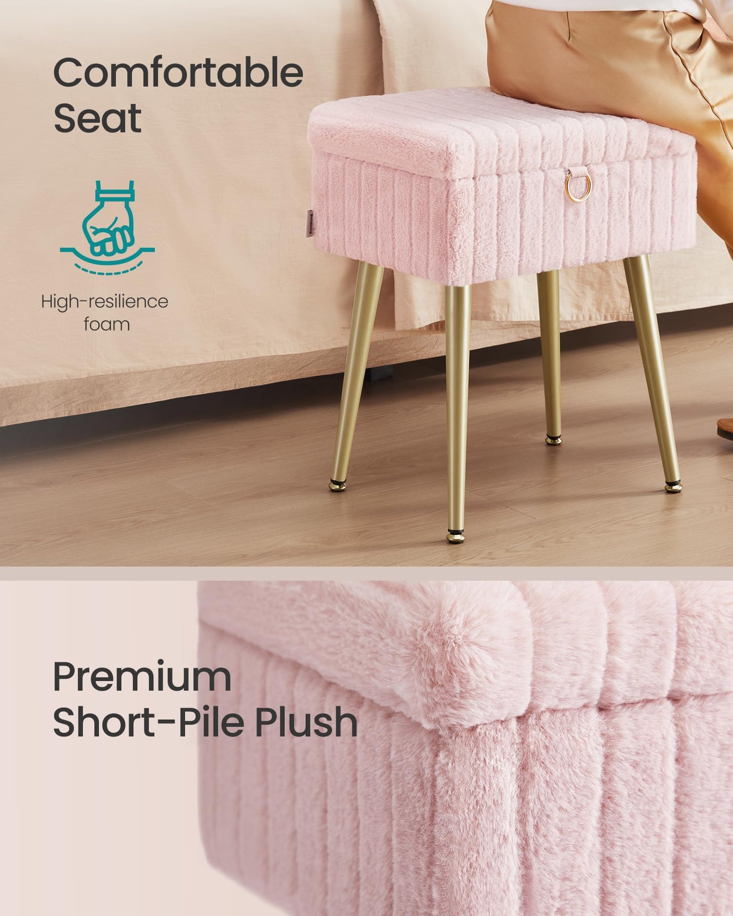 SONGMICS Vanity Stool Chair Faux Fur with Storage, Vanity Bench, Metal Legs, Adjustable Feet, for Living Room, Bedroom, Makeup Room, Jelly Pink ULOM505SZ02