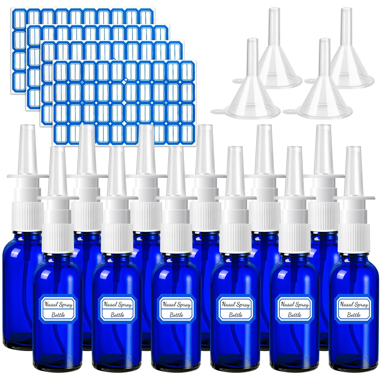 ZHWKMYP 20 Pcs Nasal Spray Bottles, 30ML/1oz Blue Glass Refillable Fine Mist Empty Nasal Spray Bottle with 4 Funnels and 4 Labels