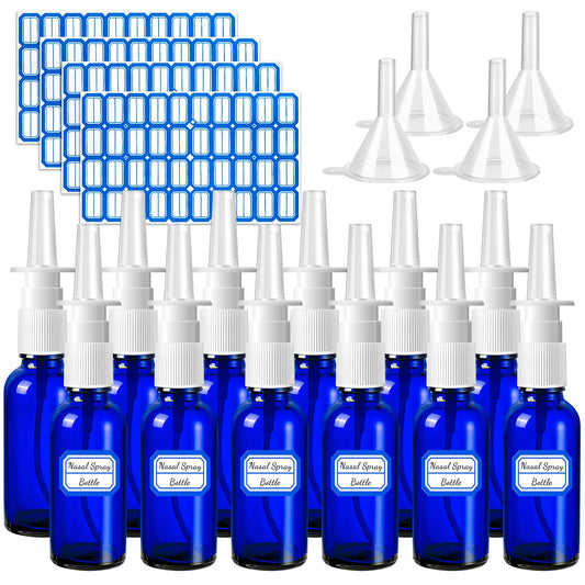 ZHWKMYP 20 Pcs Nasal Spray Bottles, 30ML/1oz Blue Glass Refillable Fine Mist Empty Nasal Spray Bottle with 4 Funnels and 4 Labels