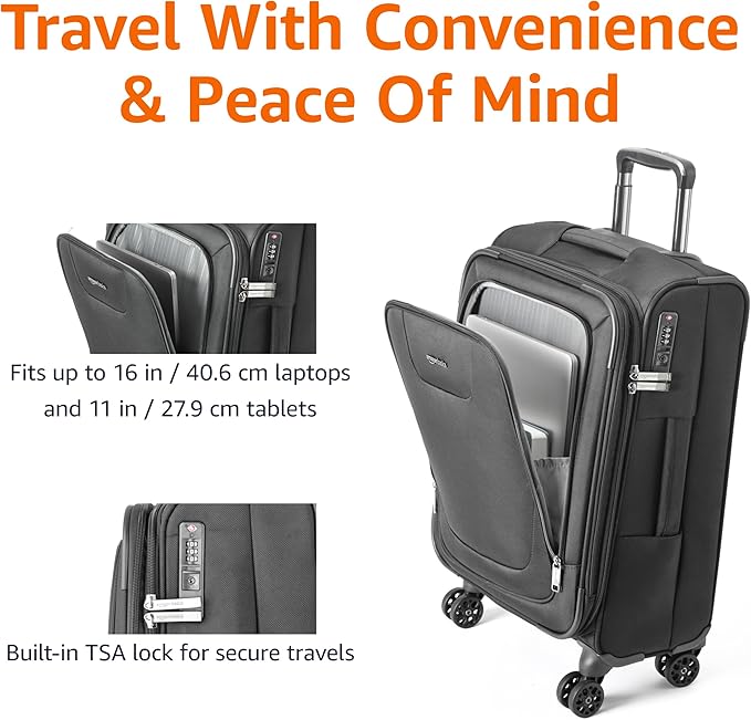 Amazon Basics 20" Luggage, Softside Suitcase With TSA Lock, 8 Spinner Wheels, Front Exterior Pocket, 3 Interior Pockets For Dry and Damp Clothes/Towels Separately, Black