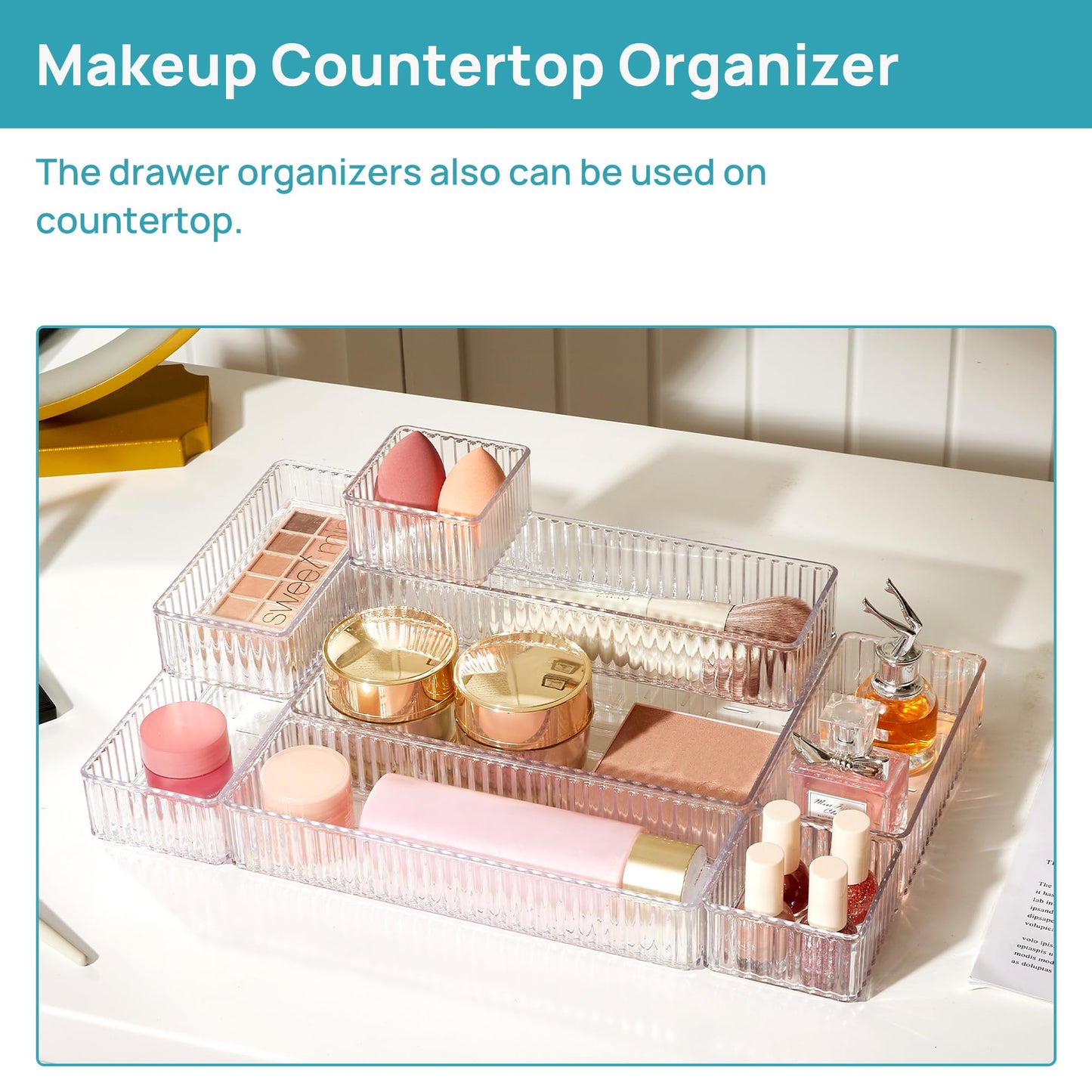 Vtopmart 7 PCS Clear Makeup Drawer Organizers Bins, 4-Size Stackable Makeup and Vanity Organizer Trays, Acrylic Bathroom Storage Containers for Cosmetic, Toiletries, Office Supply, Utensils, Gadgets
