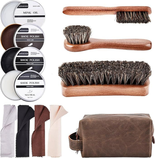 12Pcs Shoe Polish Kit, Horsehair Brush Shoe Shine Kit For men, Shoes Boots Care Brushes Polish Kit