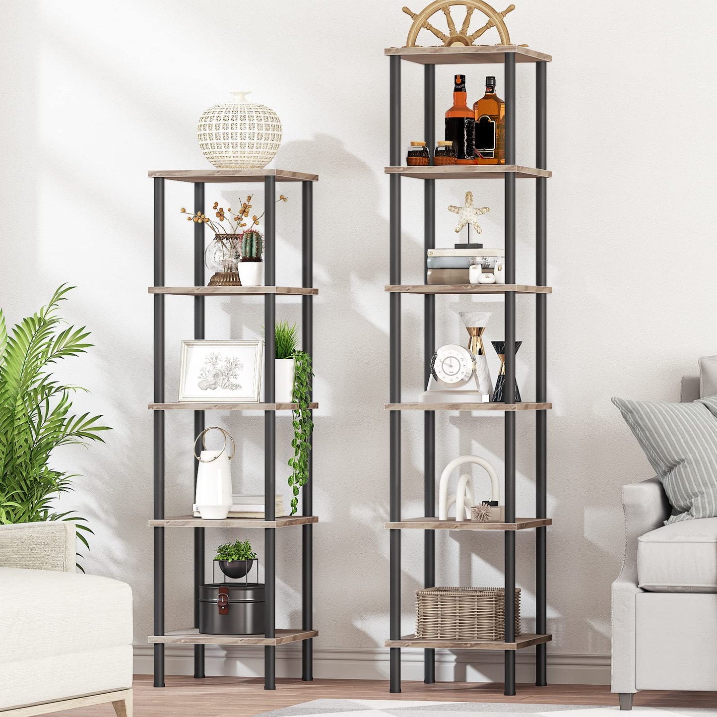 HOOBRO 5-Tier Corner Shelf Stand, Corner Square Rack Display Shelf, Tall Storage Rack Plant Stand, Bookcase for Small Spaces, Living Room, Home Office, Kitchen, Greige and Black BG50CJ01