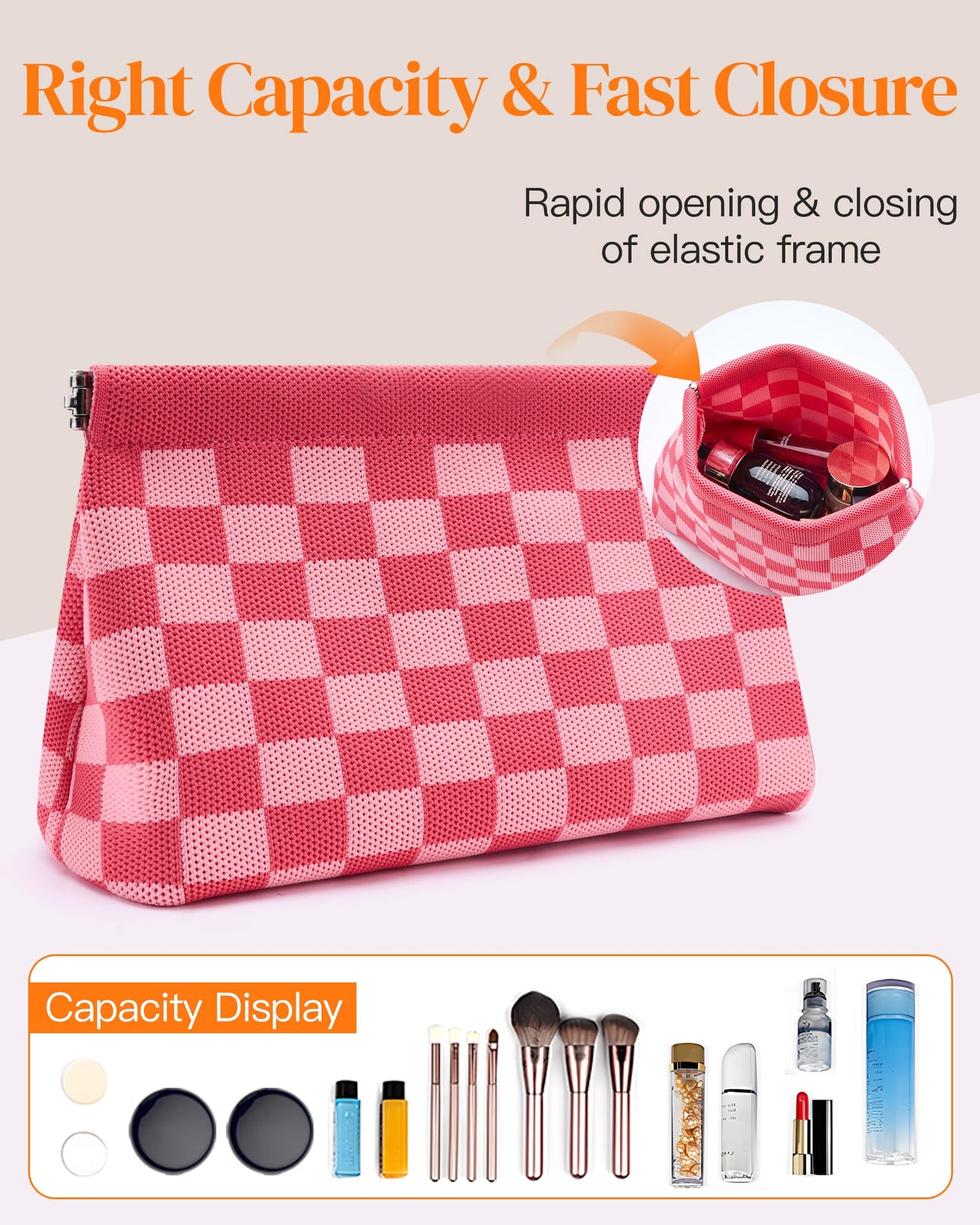bohunono Small Makeup Bag for Purse,Cute Travel Makeup Pouch, Perfect Cosmetic & Toiletry Bag for Women, Lipstick Case & Brush Holder, Mini Vanity Organizer(LA_Light Brown-Beige)