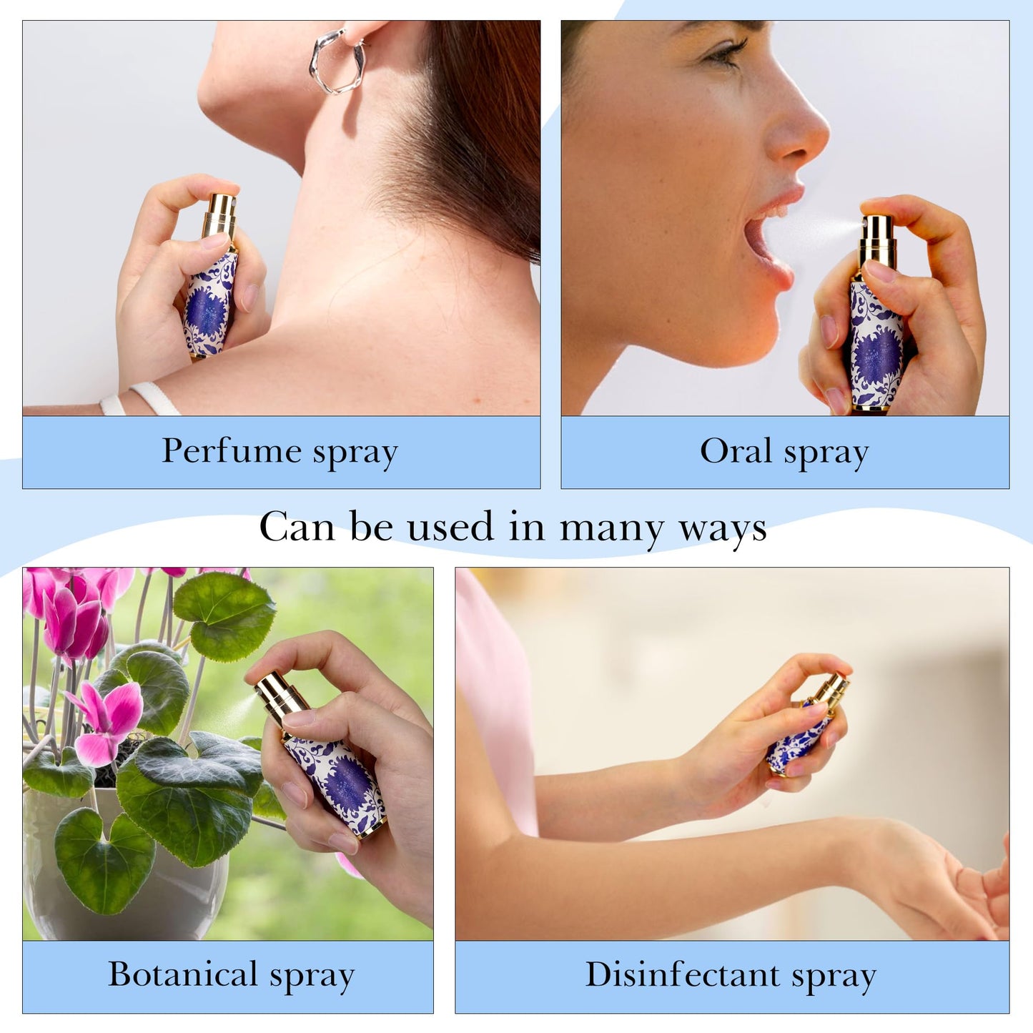 LUEXBOX Portable Perfume Bottle for Travel, Mini Refillable Perfume Dispenser, 5ml Faux Leather Leak Proof Perfume Atomizers, Blue and White Bottles Sprayer for Pocket Perfume (Blue branch)