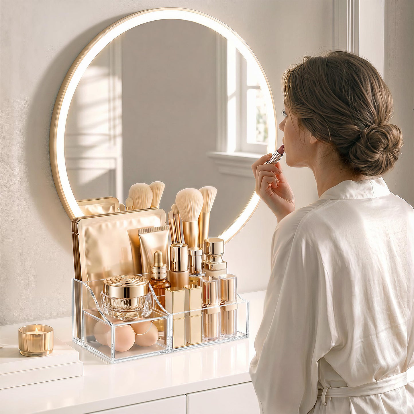 HBlife Makeup Organizer with Drawer – Cosmetic Storage for Vanity, Bathroom Countertop & Dresser, Skincare Organizer with Brush Holder, Beauty Display Case, Clear