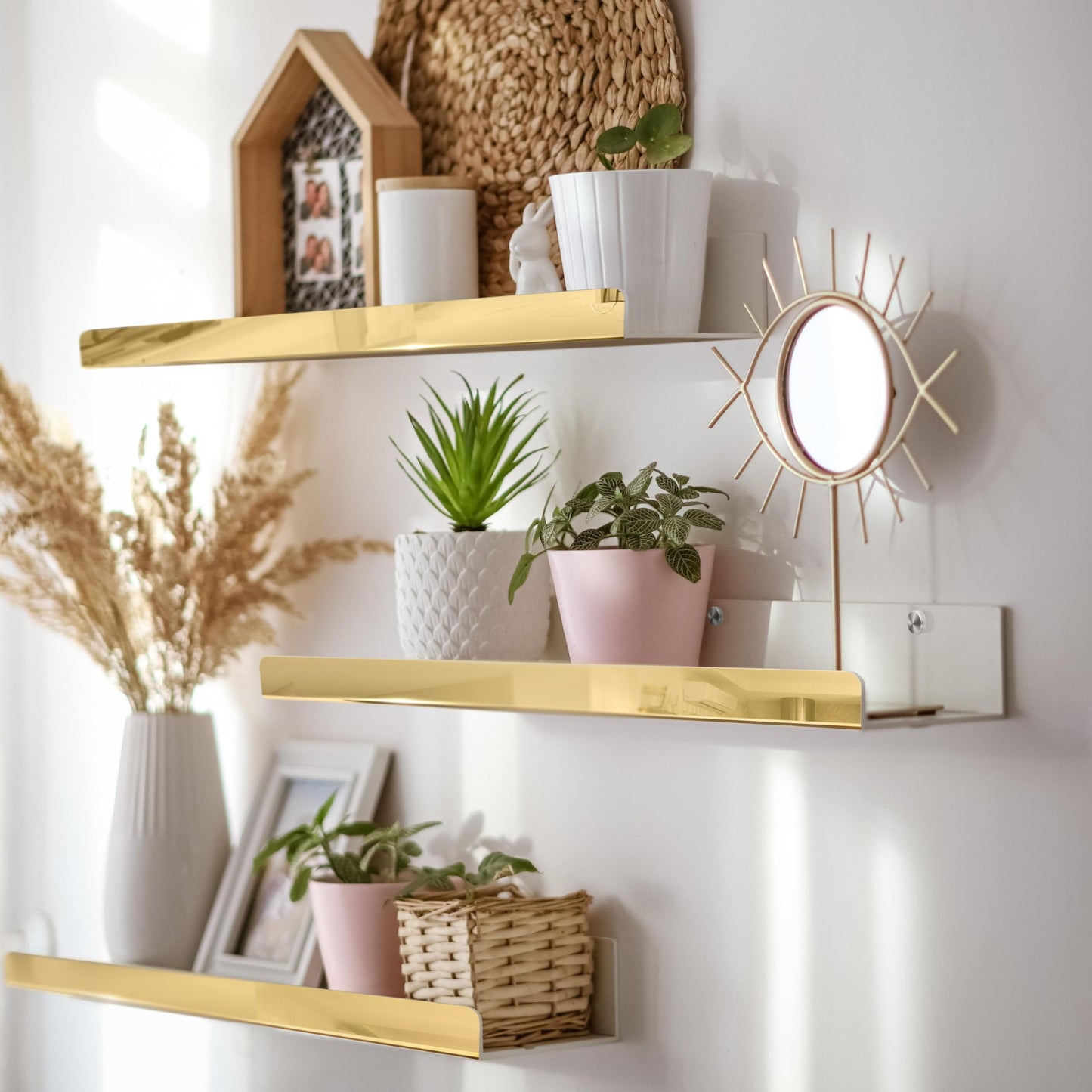 RORKIM 2 Pack 24 Inch Gold Reflective Acrylic Shelves, Gold Foating Shelves, Modern Sunglasses Essential Oil Picture Ledge Display Toy Storage Shelf