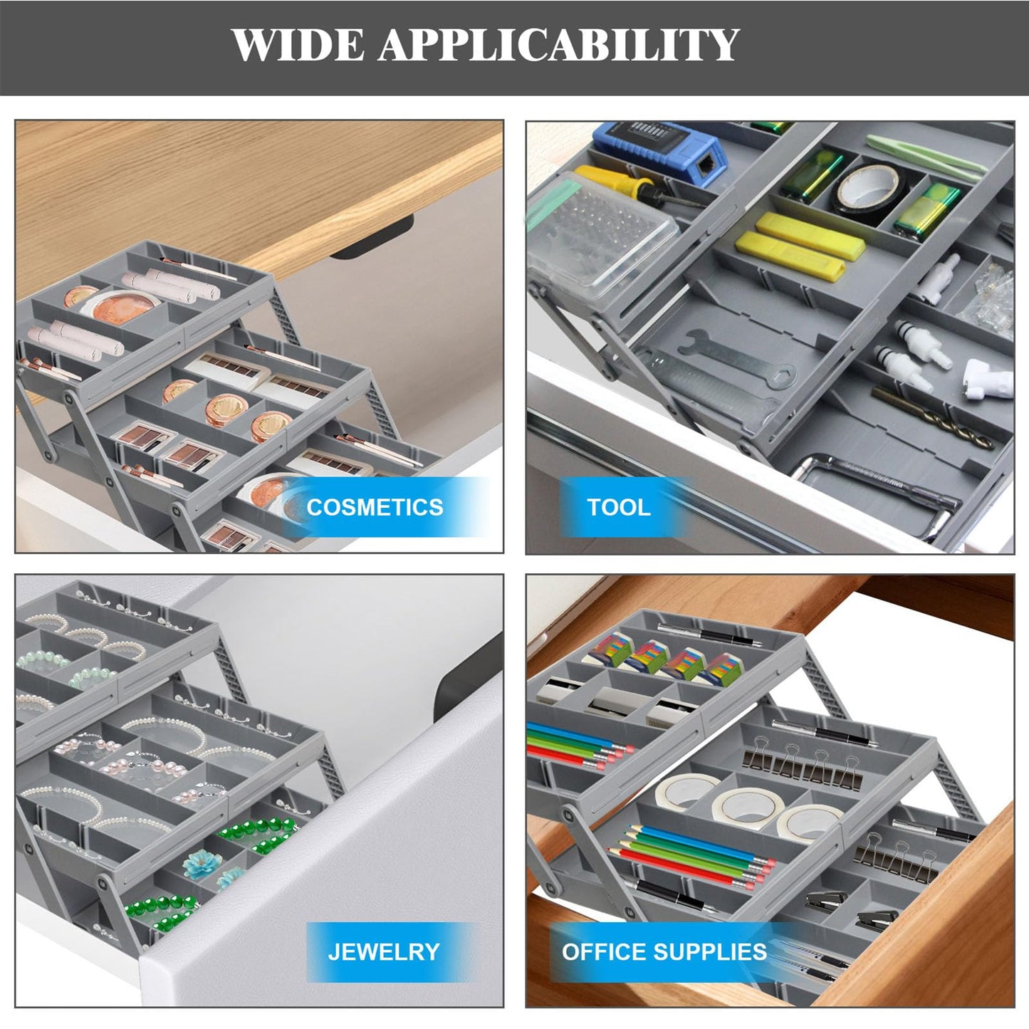 Drawer Organizer, Multi Layer Drawer Foldable Storage Box for Dresser Bathroom Kitchen Office, Expandable Folding Jewelry Organizer Tray (3 Layers)