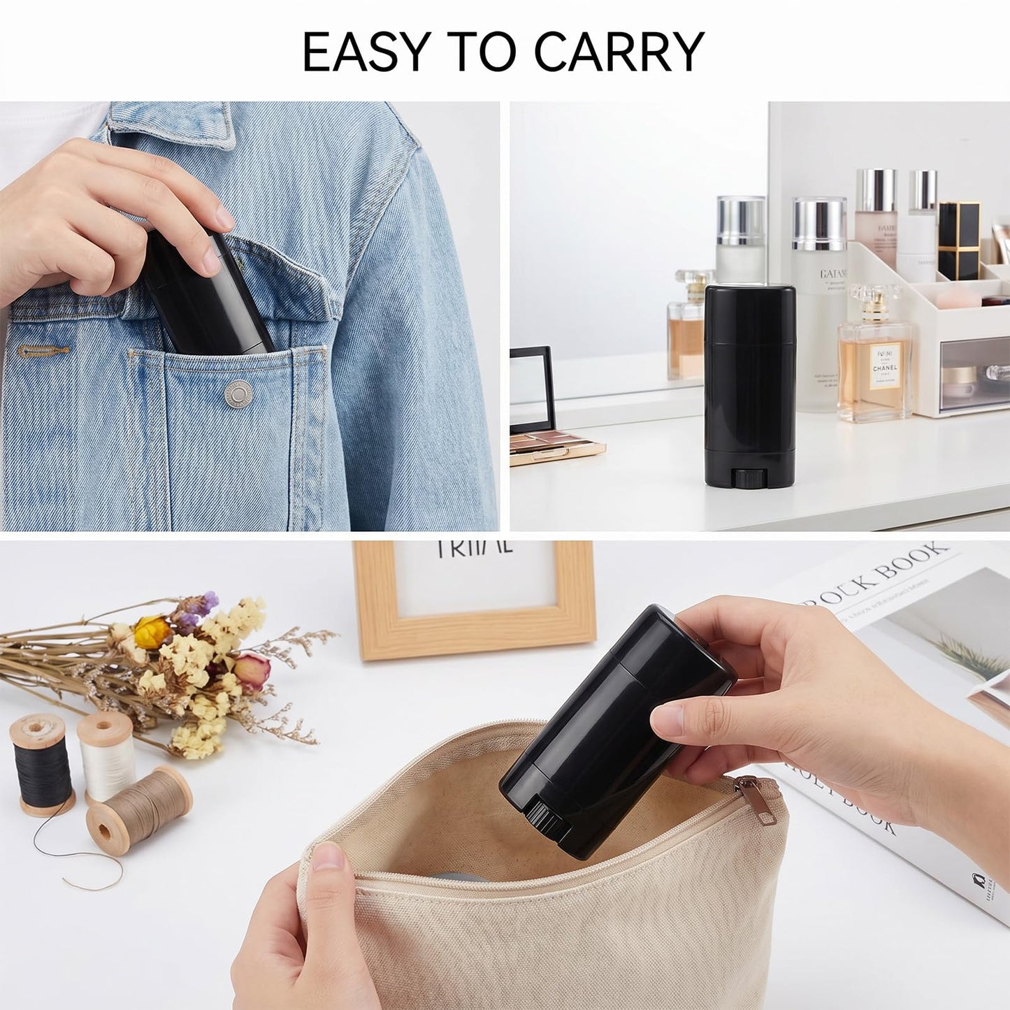 Afcabakila 50 Pack Empty Deodorant Containers 0.5 Oz/15ml Black Deodorant Containers Twist Up Plastic Tubes For Lip Balm Homemade Salve Solid Lotion Perfume Stick Travel Size