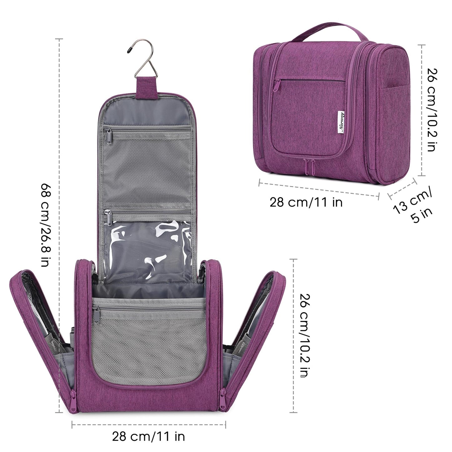 Narwey Large Hanging Toiletry Bag for Women Travel Makeup Bag Organizer Toiletries Bag Dry Wet Separation (Dark Purple)