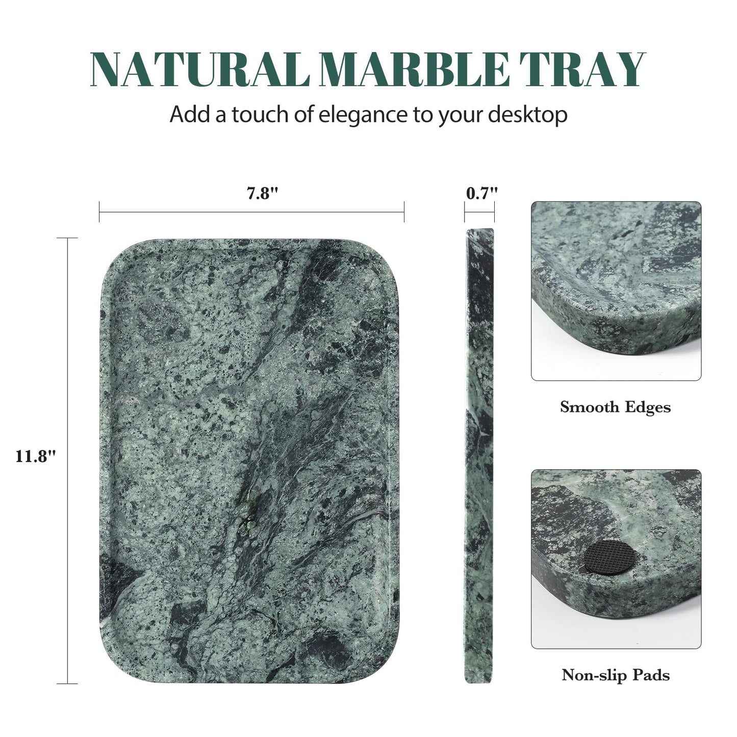 Koville Marble Tray, 12"x8" Marble Vanity Tray for Countertop Bathroom Kitchen Dresser, Decorative Catchall Trays for Perfume Jewelry, Rectangular Stone Serving Tray(Green)