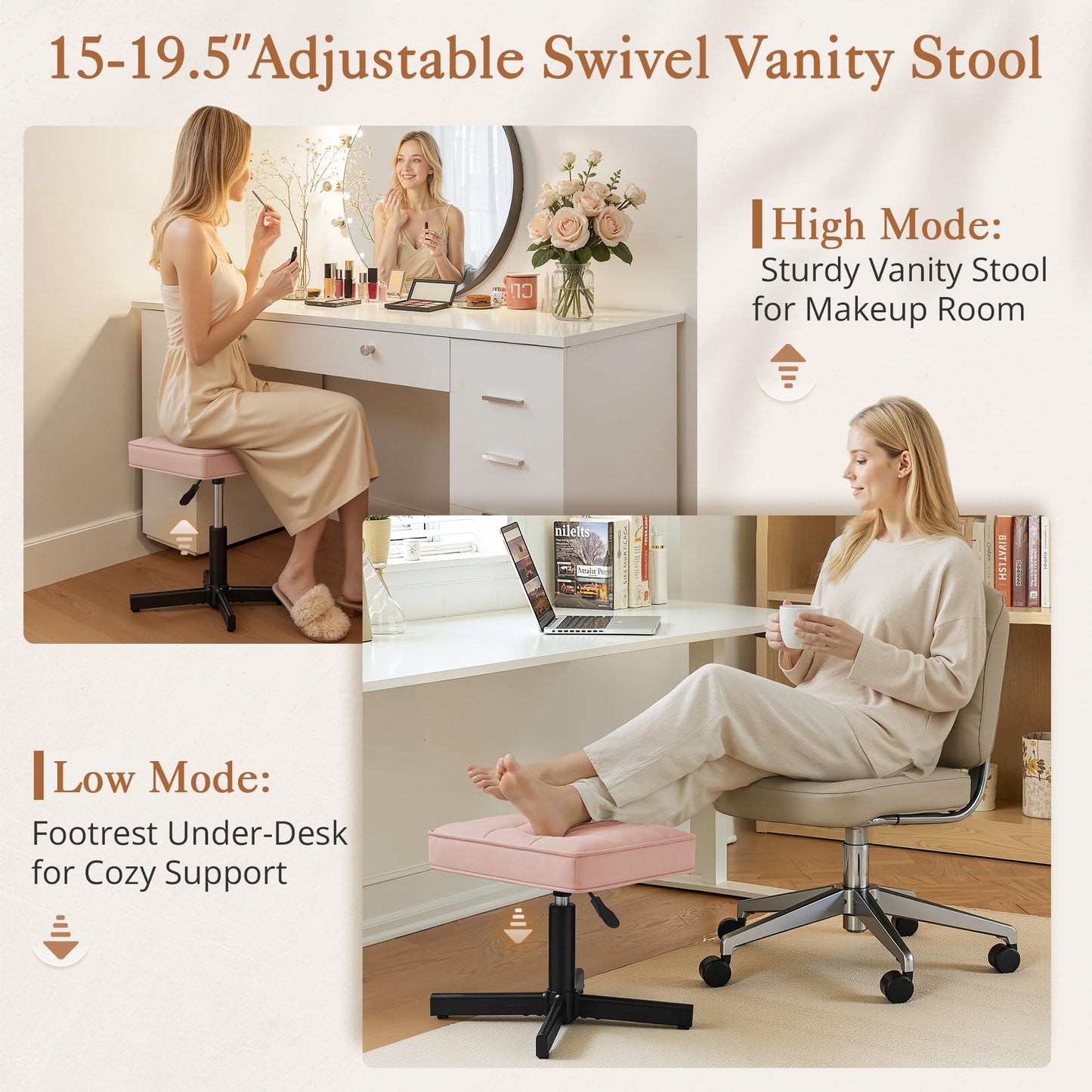 LUE BONA Adjustable Vanity Stool, 15''-19.5'' Foot Rest Under Desk, 360° Swivel Vanity Chair for Makeup Room, Pink Upholstered Faux Leather Ottoman for Bathroom & Living Room, 300lbs