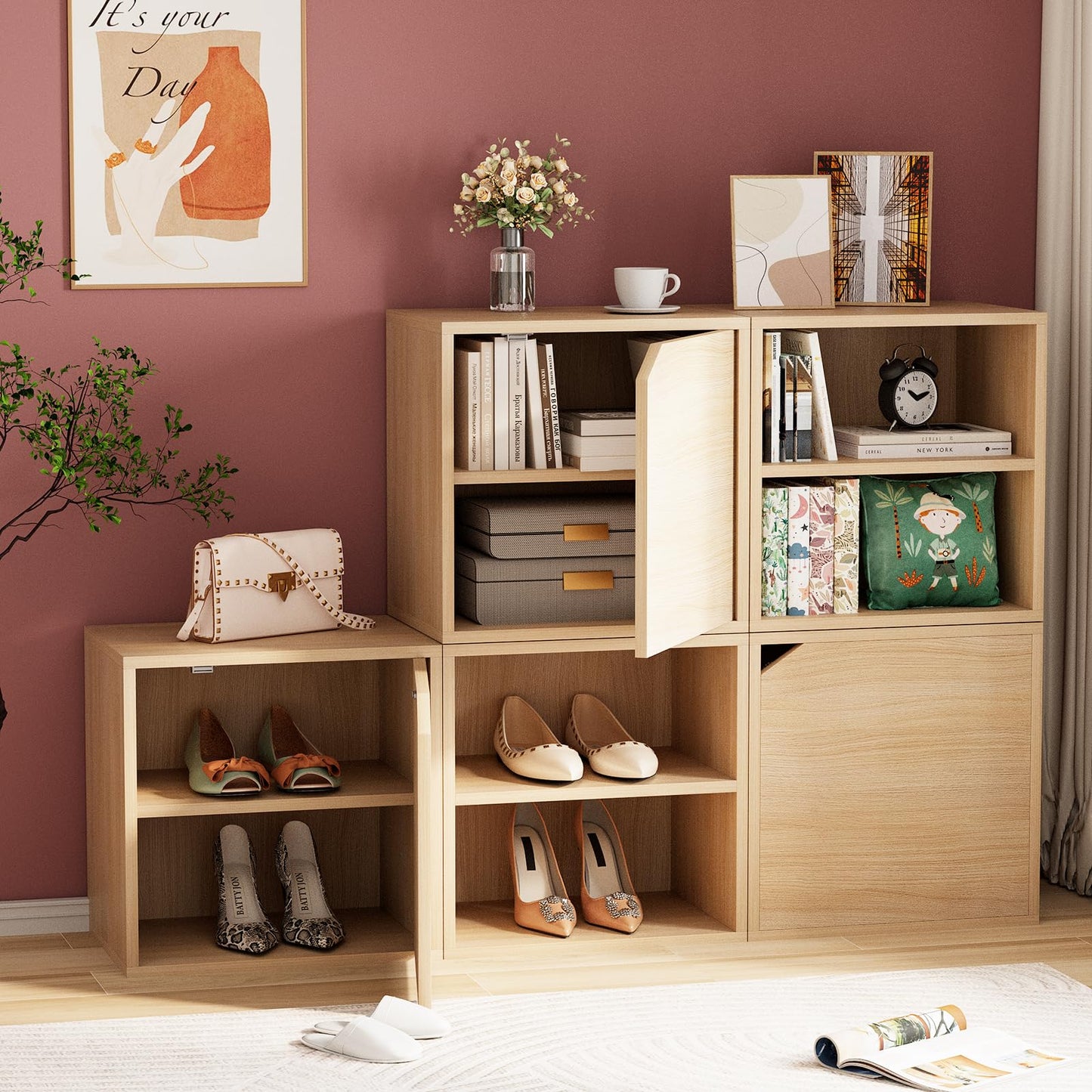 Garden 4 you Cube Storage Organizer Shelf, 2 Tiers Stackable Bookshelf, Wooden Display Bookcase with 2 Cube Storage, Small Storage Cabinet for Living Room Bedroom, Natural