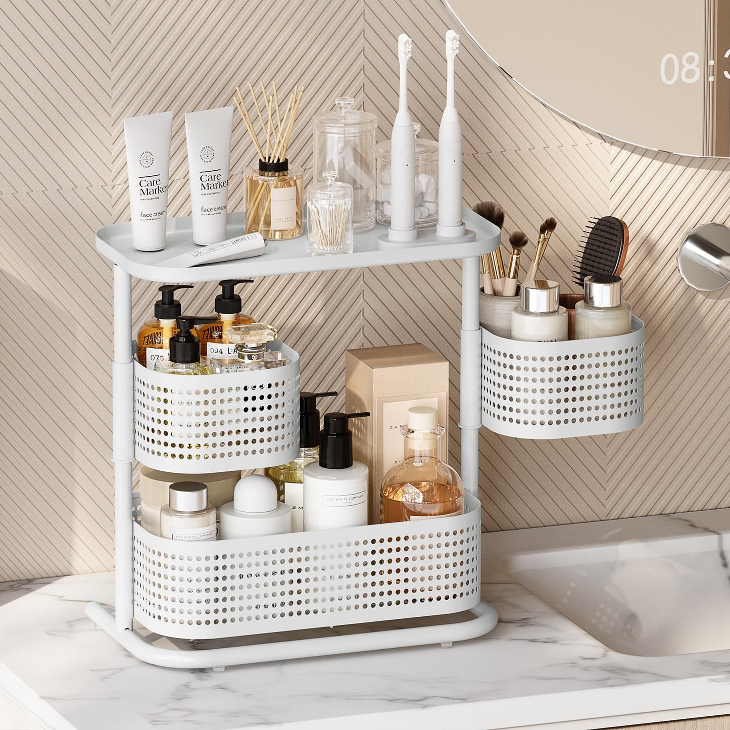 3-Tier Rotating Bathroom Counter Organizer, Vanity Tray for Makeup & Skincare, Countertop Spice Rack Storage, Space-Saving Shelf for Bathroom, Kitchen, Laundry Room, Baby Bottle Station, White