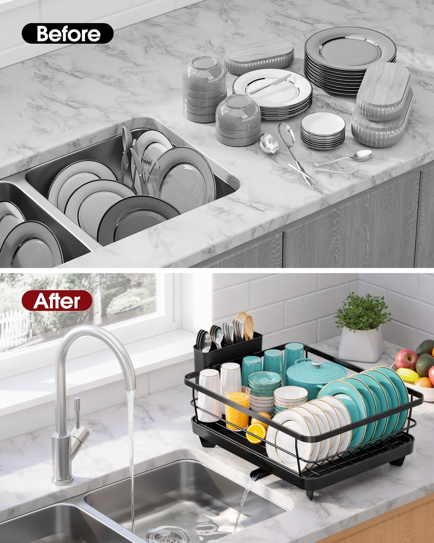Sakugi Dish Drying Rack - Stainless Steel Dish Rack with Drainboard for Kitchen Counter and Sink, 15.6" D x 12" W x 5" H, Black