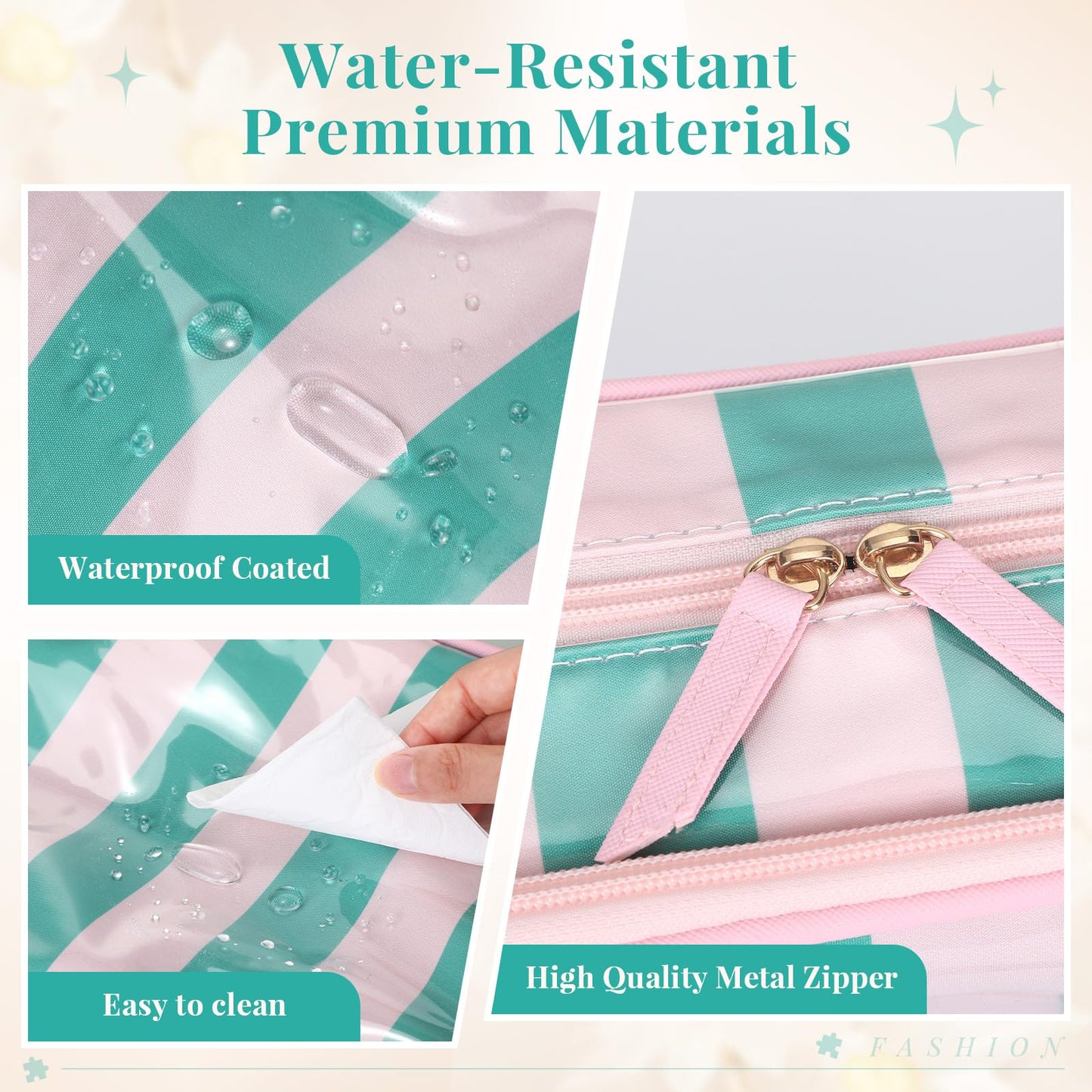 SilTriangle Travel Toiletry Makeup Bag for Women, Striped Waterproof Polyester Cosmetic Bag with Handle, Portable Organizer Case with Fold-out Compartments for Skincare, Conditioner, Brushes(Green)
