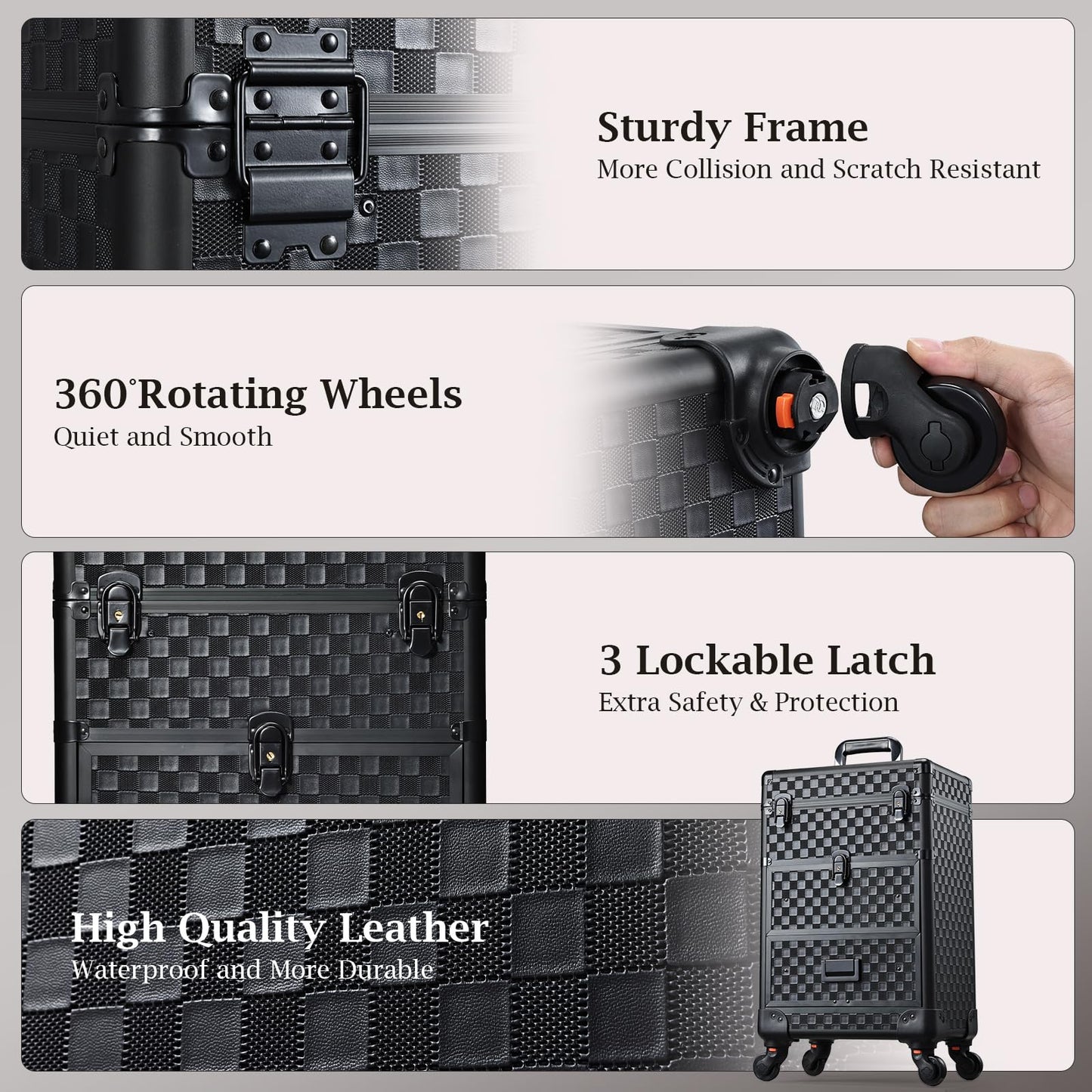 Stagiant Rolling Makeup Case with Drawers Cosmetology Case on Wheels 3 IN 1 Makeup Case 2 Drawers with Foot Stand Spring-release Mechanism Rolling Make Up Organizer for Artist Salon Nail Teach Trunk