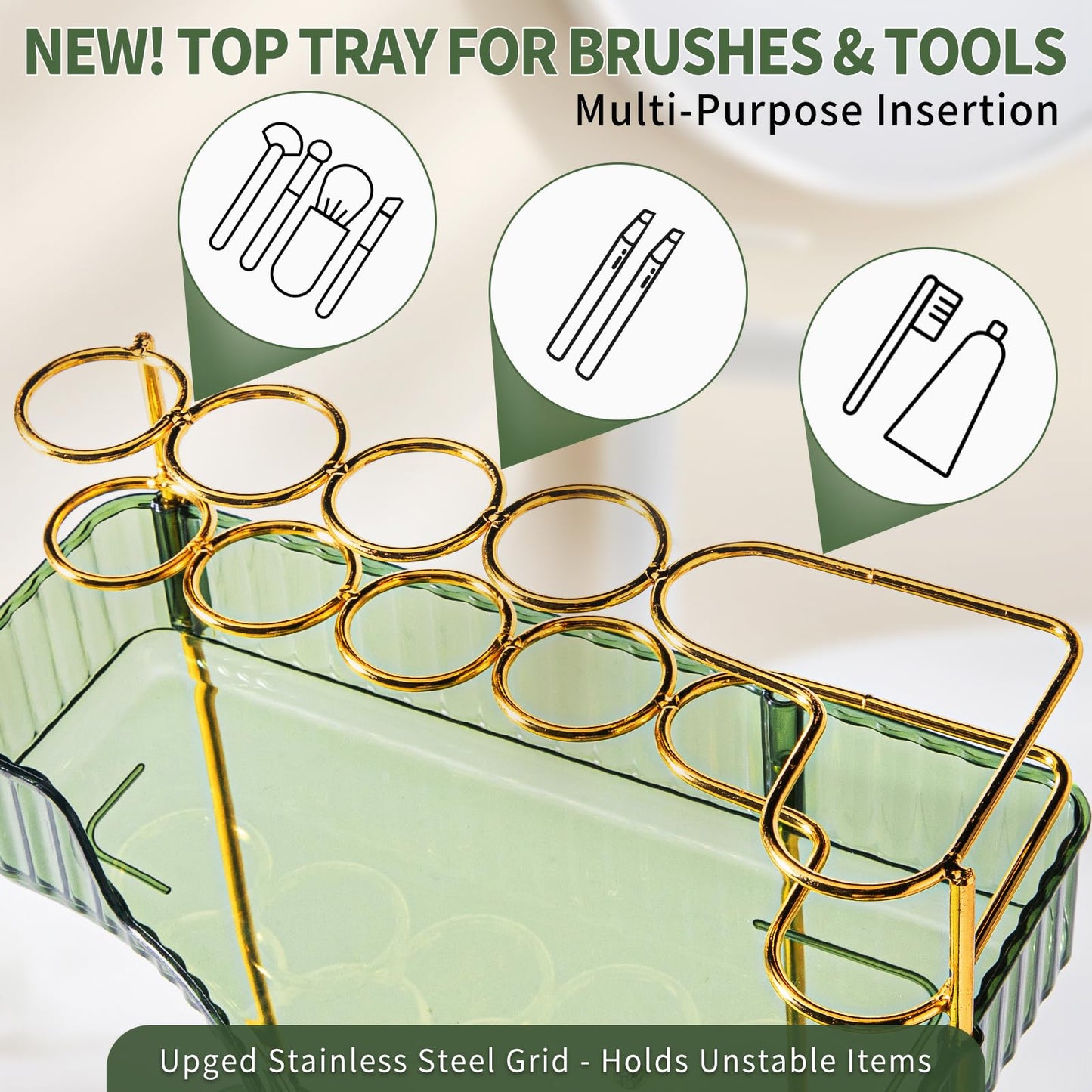 shuang qing Upgraded 2-Tier Corner Bathroom Countertop Organizer – Spacious Storage for Makeup, Skincare & Perfumes, Built-in Brush Holder Fits Vanity/Dresser/Bsthtub (Sage Green)