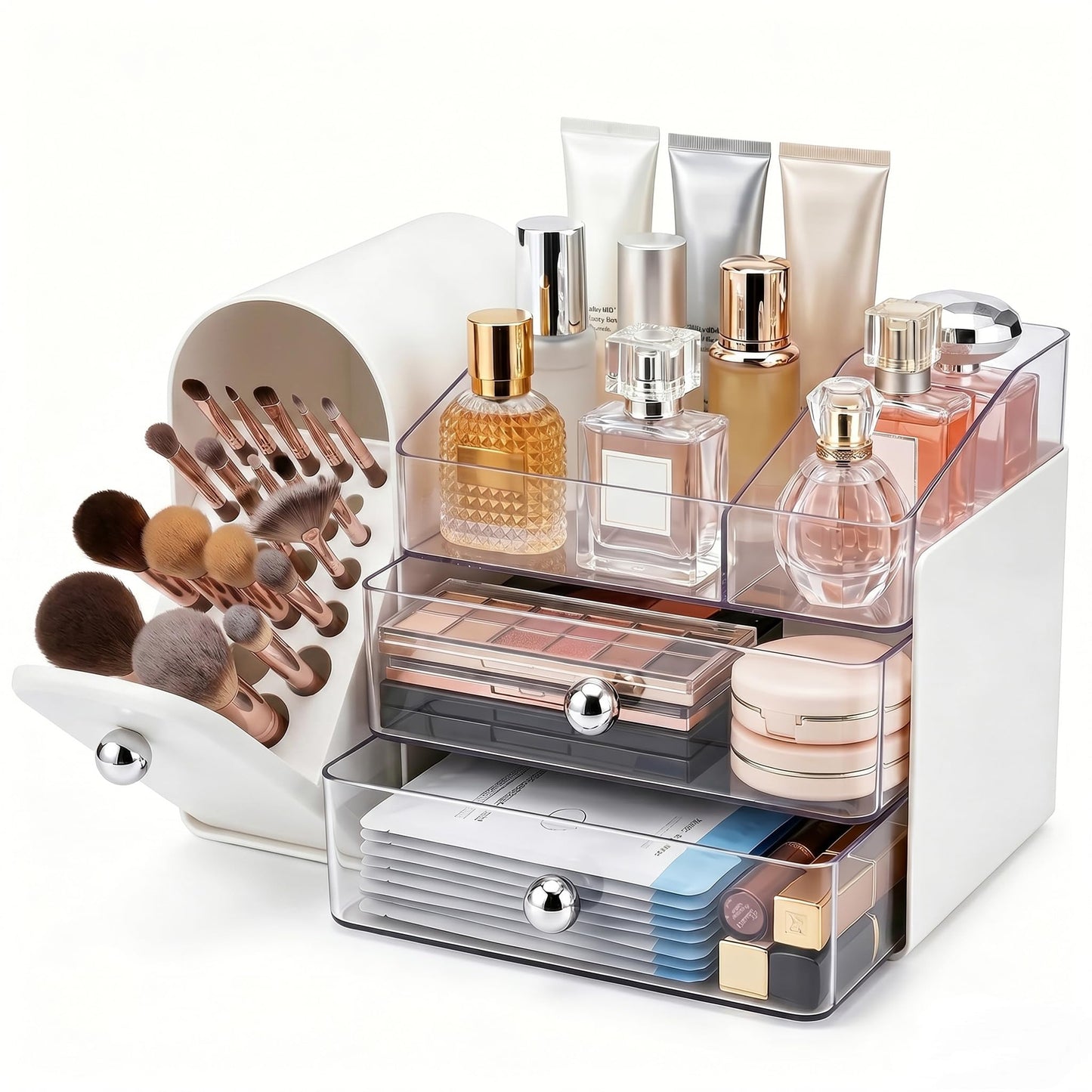 Makeup Organizer with Brush Holder for Vanity, Large Cosmetic Display Cases with 2 Drawers, Skincare Organizer for Bathroom Countertop, White