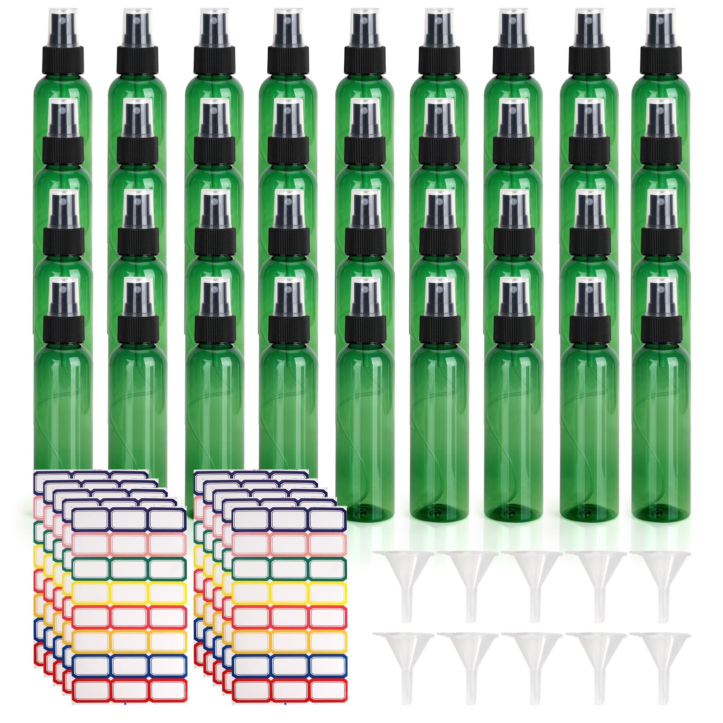 YEUIKERR 36 Pack Fine Mist Small Spray Bottles 4 oz/120 ml Plastic Spray Bottles, Empty Small Travel Spray Bottle, Refillable Mini Sprayer Bottle Bulk with Funnels and Labels, Green