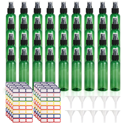YEUIKERR 36 Pack Fine Mist Small Spray Bottles 4 oz/120 ml Plastic Spray Bottles, Empty Small Travel Spray Bottle, Refillable Mini Sprayer Bottle Bulk with Funnels and Labels, Green
