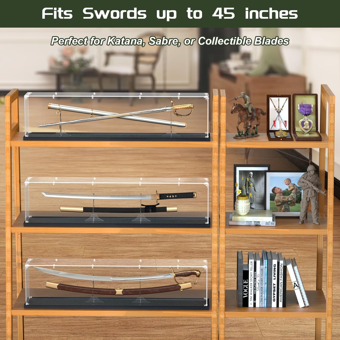 Acrylic Sword Display Case, 45" Clear Dustproof Box for Katana, Long Sword, Lightsaber, Samurai & Medieval Collectibles, Large Tabletop Box with Acrylic Stand (45*6*10) inch