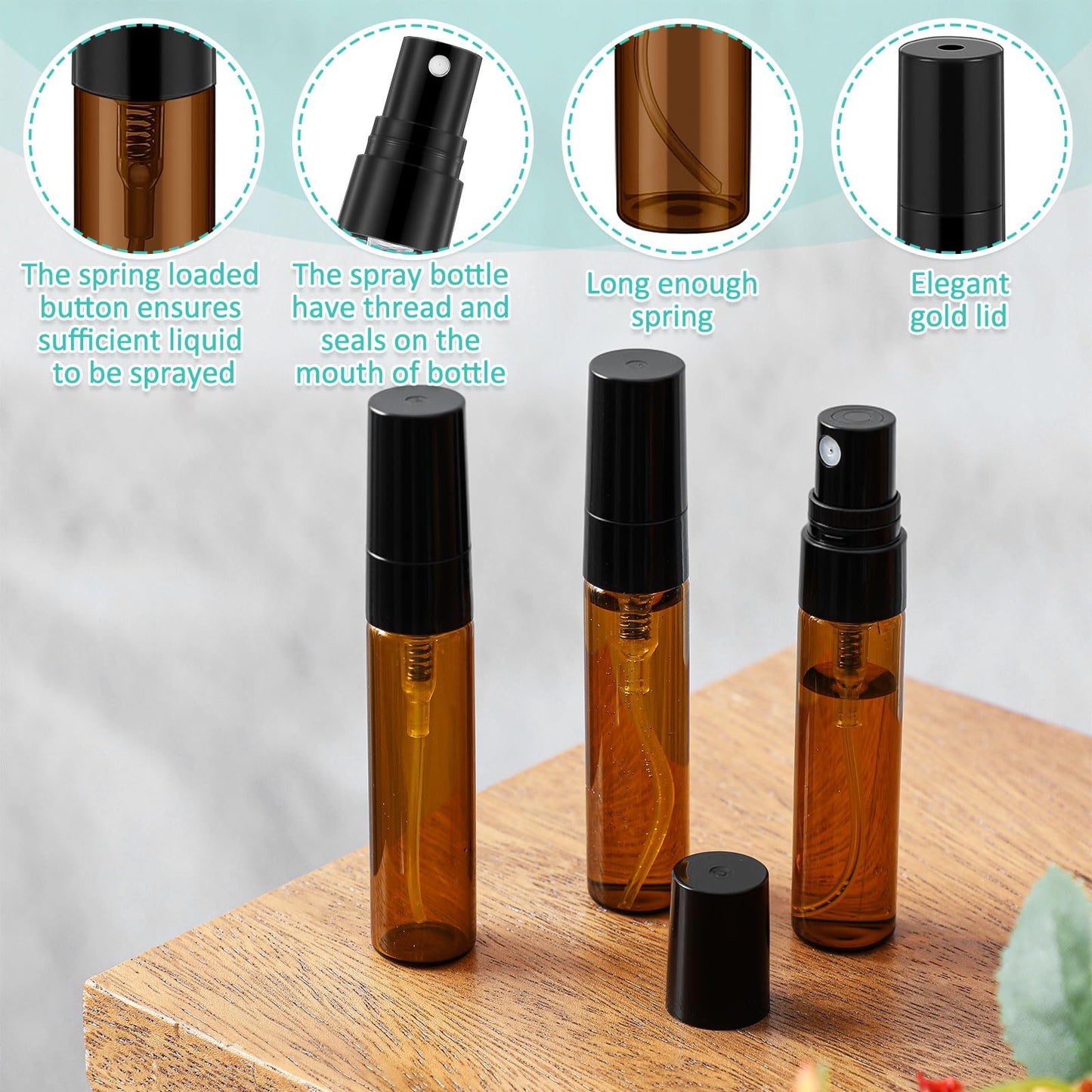 Zhehao 50 Pcs Mini Spray Bottles 5 ml Clear Glass Perfume Bottles Refillable Fine Mist Perfume Atomizer Portable Empty Sample Containers for Cleaning, Essential Oils, Travel (Amber)
