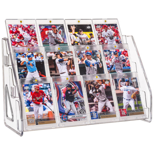 CELSOL 2 Pack Elevated 3 Tier Clear Acrylic Card Display Stand for Trading Cards, Sports Cards, Greeting Cards, Stickers – Slanted Holder for PSA Slabs, Vendors, Collectors & Retail (3 Tier 2 Pack)
