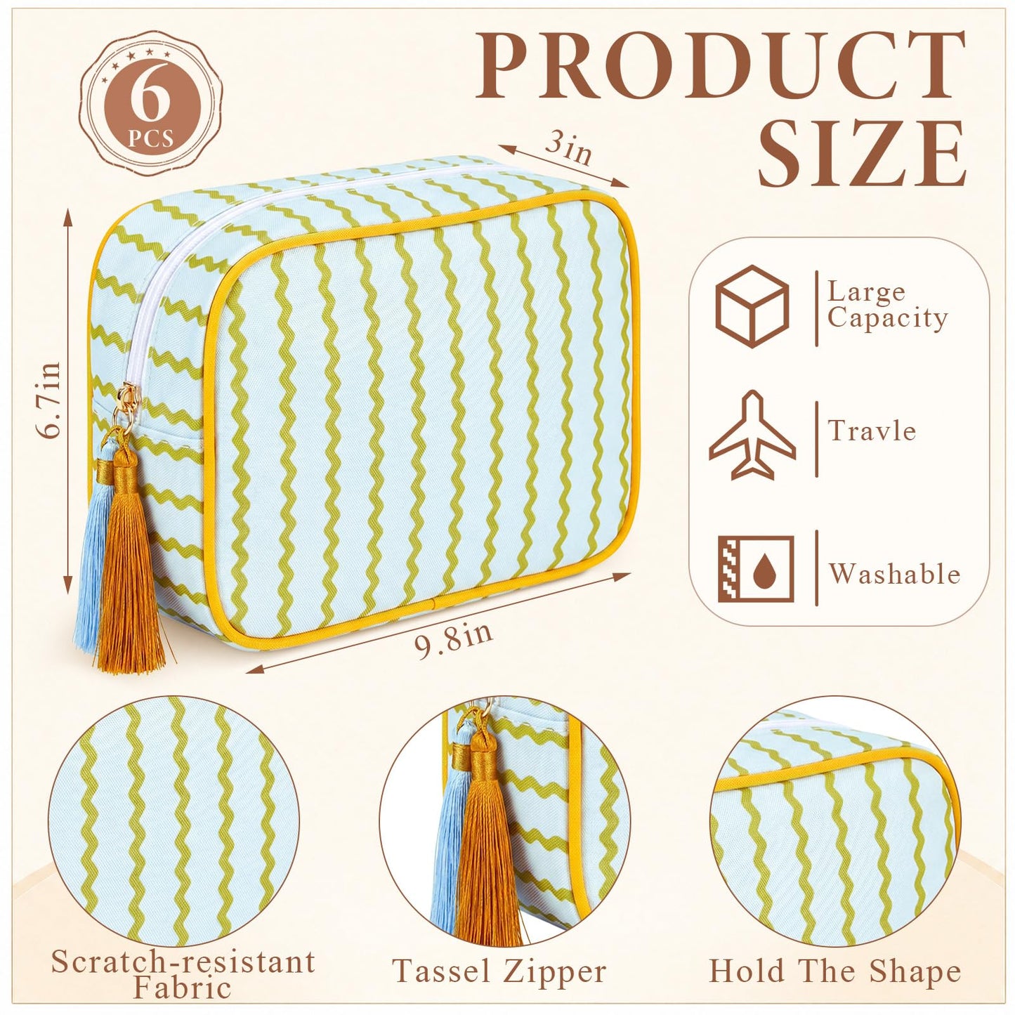 Kacctyen 6 Pack Mixed Color Striped Makeup Bag bulk with Tassel Travel Cosmetic Pouch Organizer Large Zipper Toiletry Case for Women Aesthetic Storage Pouch Mahjong Tile Bag