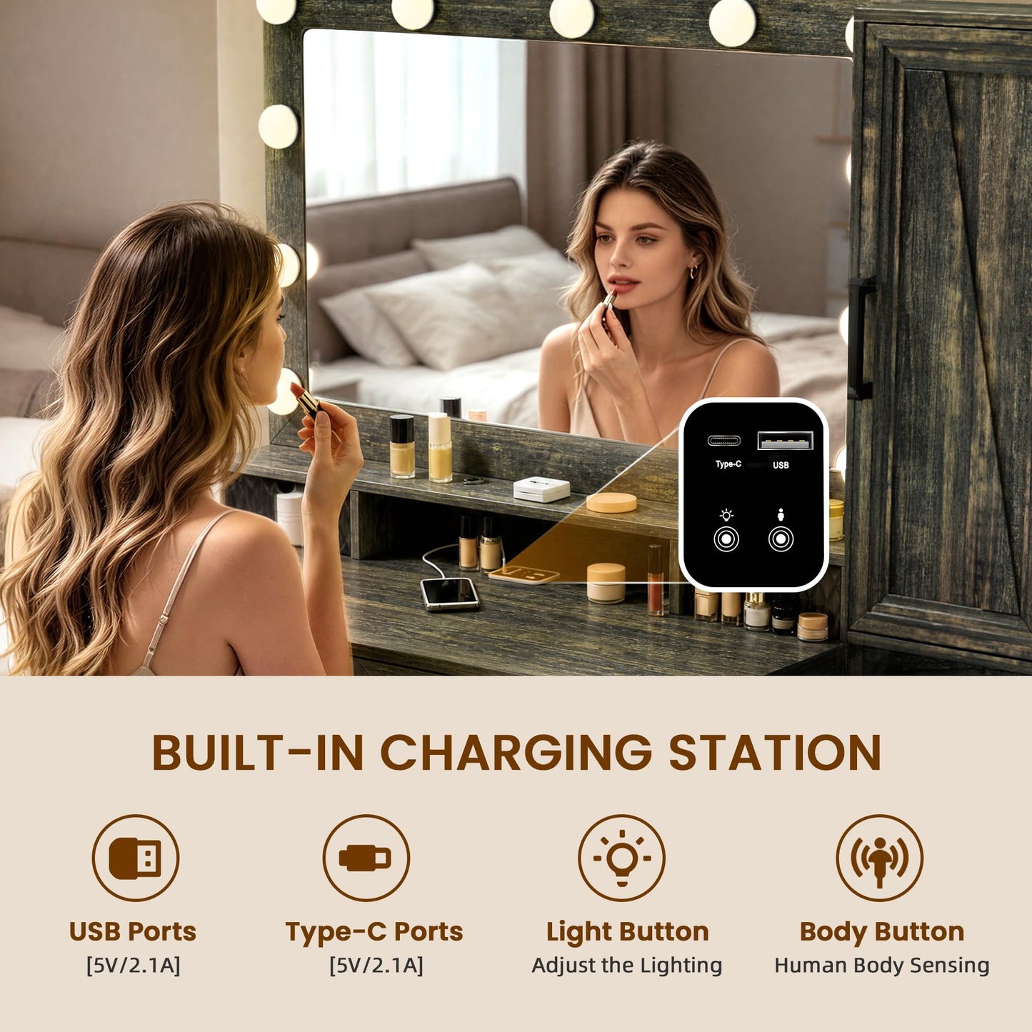 NicBex Vanity Desk with LED Lighted Mirror & Charging Ports, Makeup Vanity Table with Sliding Jewelry Cabinet, Built-in Lipstick Organizer, 3 Drawers and Shelves, Dressing Table for Bedroom, Brown