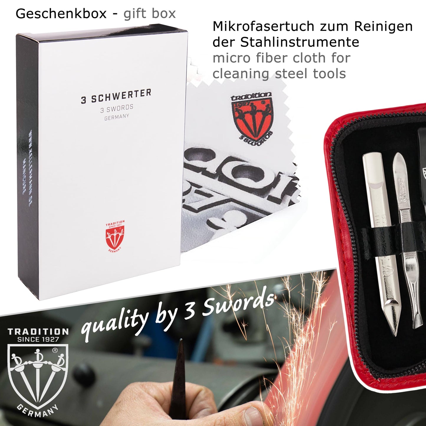 3 Swords Germany - brand quality 5 piece manicure pedicure grooming kit set with synthetic leather case red - Made in Germany