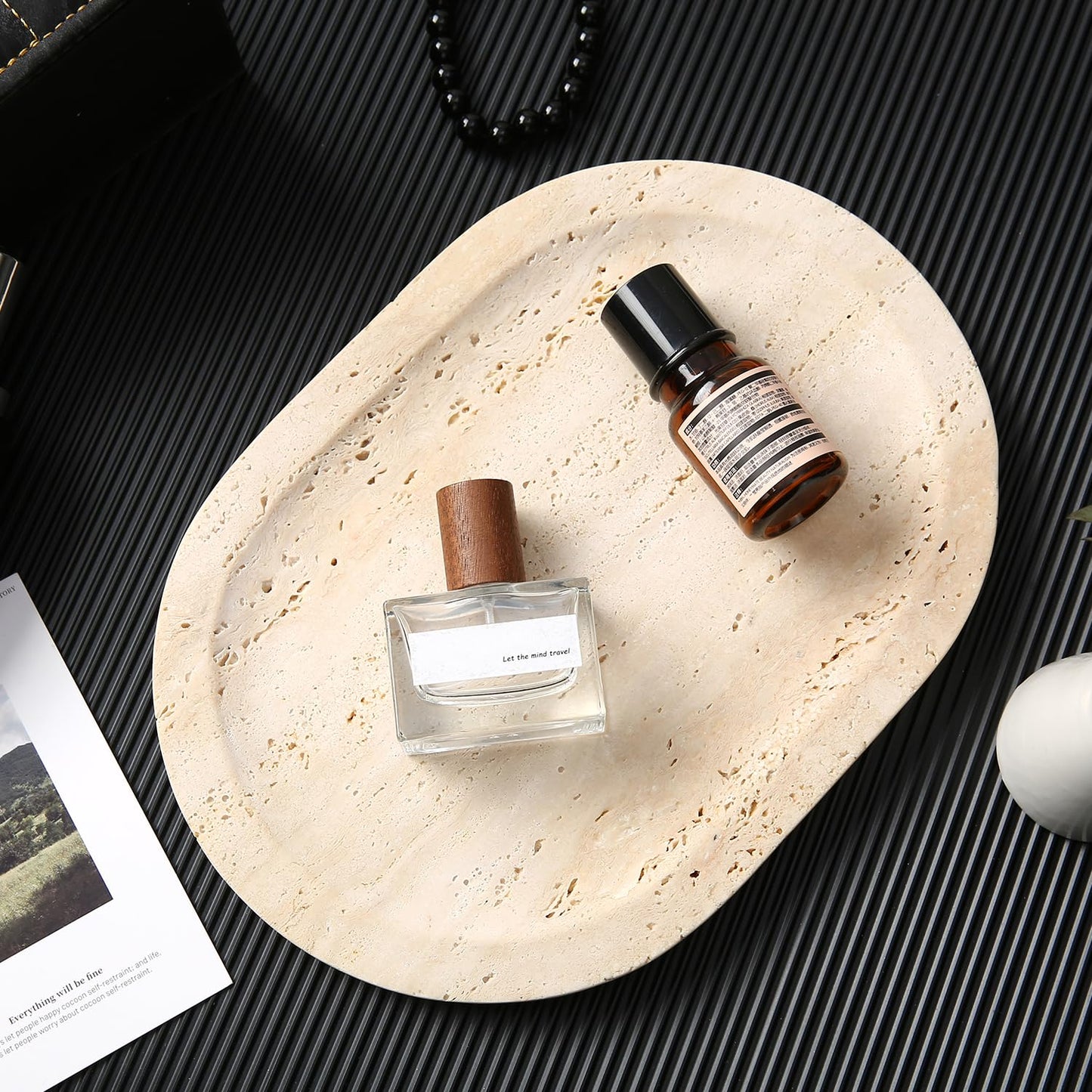 WANJINGYULE Natural Marble Decorative Tray Bathroom Counter Perfume Organizer Vanity Tray for Home Decor, Jewelry Candle, Coffee Table, Soap Holder Dresser Countertop Accessories 8"x11" Travertine