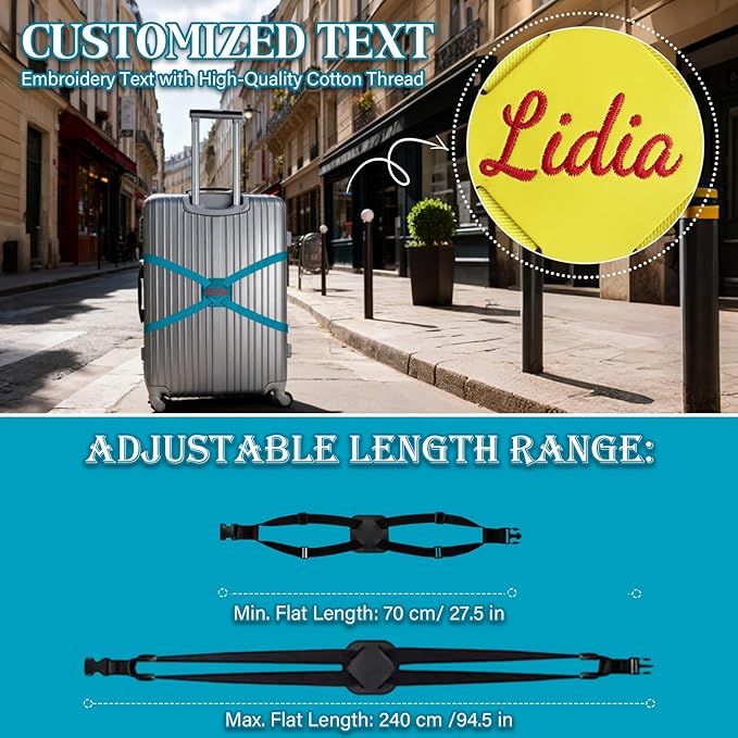 Personalized Luggage Straps Bag Bungee, 5 Pcs Custom Luggage Straps for Suitcases - Add a Bag Securely, Burst-Proof Elastic Travel Strap, High-Vis Luggage Connector Straps Adjustable 28"-95"