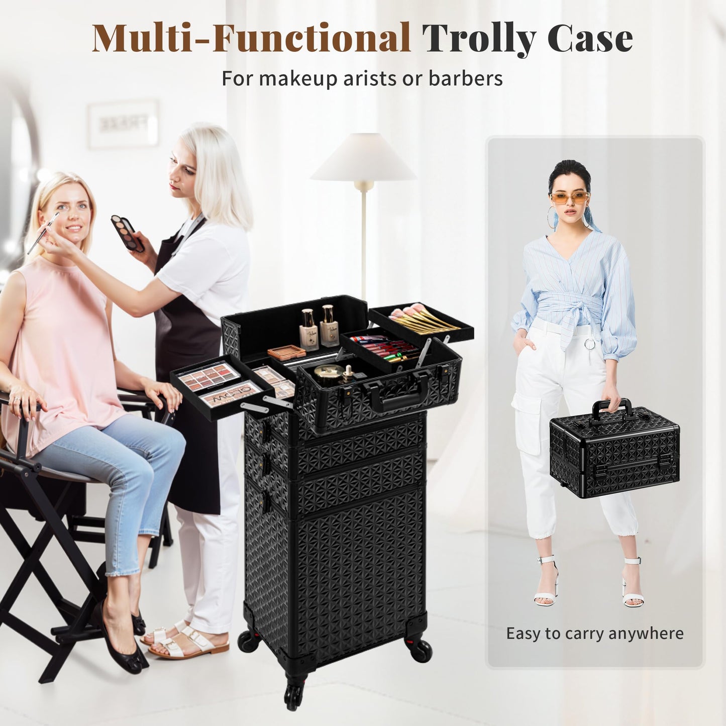AROUS 5 in 1 Rolling Makeup Train Case Cosmetology Case on Wheels Large Cosmetic Organizer Travel Cart for Hairstylist Artist Nail Beauty Salon Barber, Black