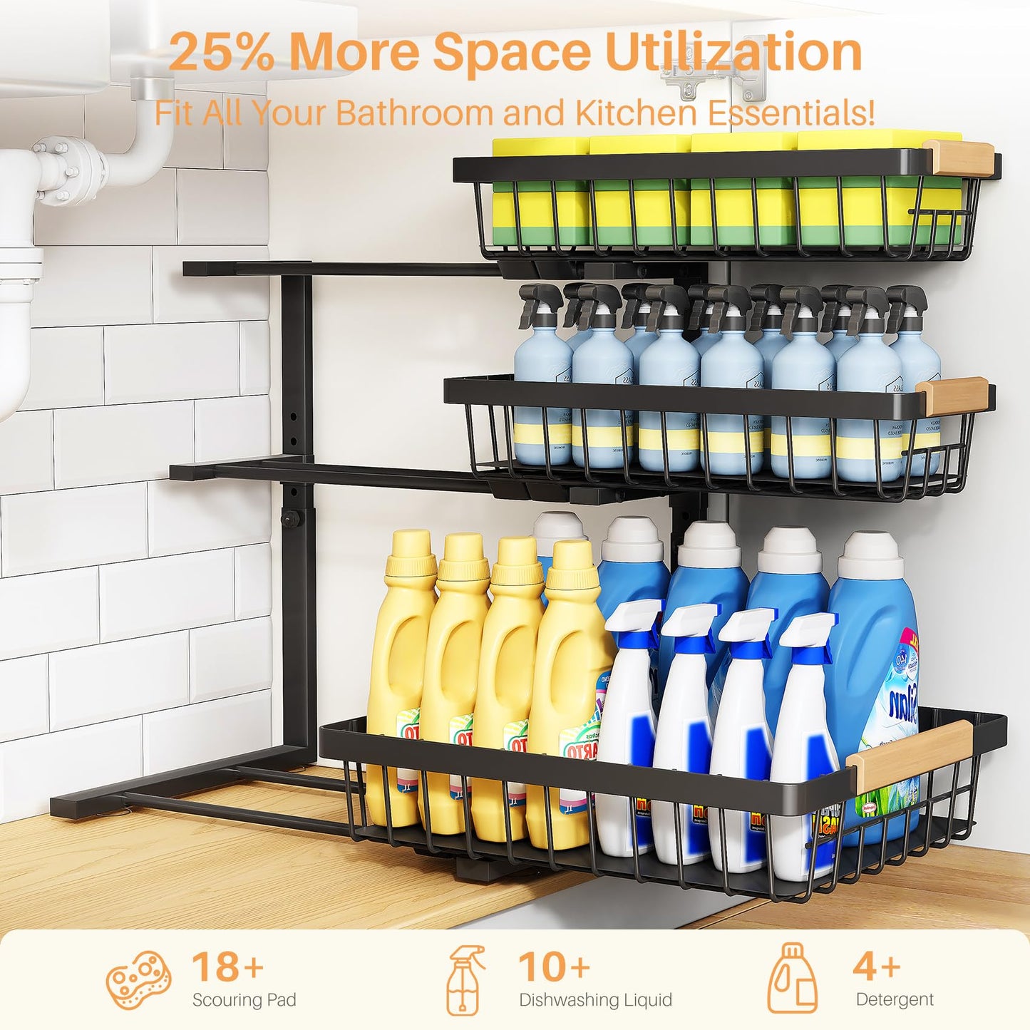 PXRACK Under Sink Organizer, 3-Tier 2-Pack Adjustable Height Pull Out Under Cabinet Organizer, Slide Out Thickened Metal Under Sink Storage for Kitchen Bathroom Laundry Pantry Organization, Black