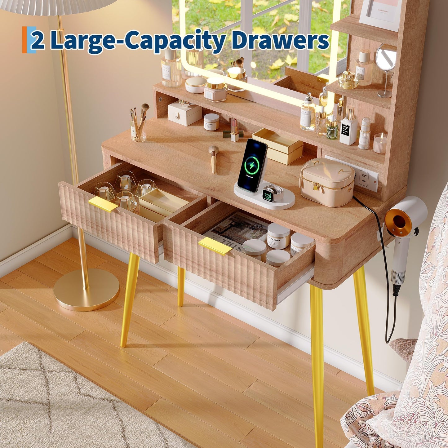 Garvee Makeup Vanity Desk with Mirror and Lights, Fluted Design, 31 in Small Storage Cabinet & 2 Drawers, 3 Lighting Modes, Stylish Dressing Table for Bedroom
