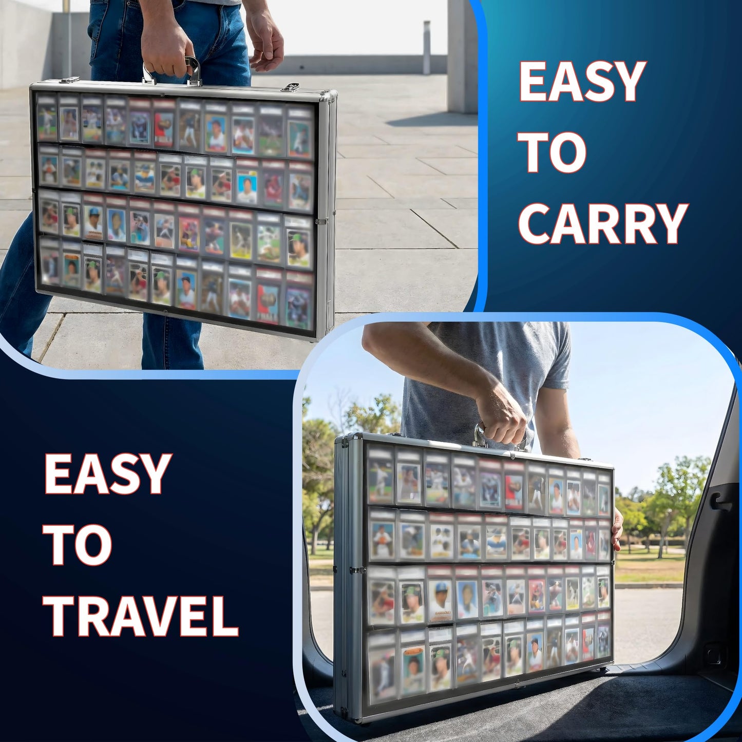 Professional Large Card Display Case (5 Card Riser Bars, Built-in Prop Rod and 80 Stickers) | 34 x 22 inches | Tabletop TradeShow Display Case for Sports Cards & Trading Cards | Aluminum Frame -Silver