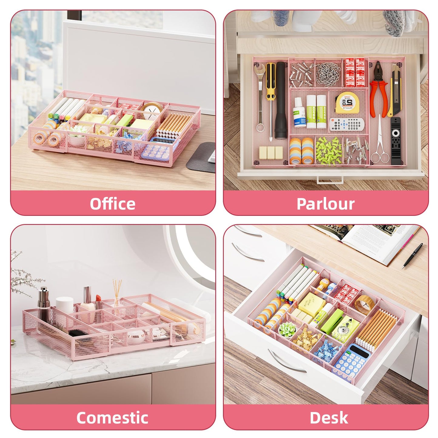 Marbrasse Expandable Desk Drawer Organizer, Mesh Tray with 10 Adjustable Compartments, Desk Organizers for Office Supplies, Makeup & Vanity (Expandable-Pink)