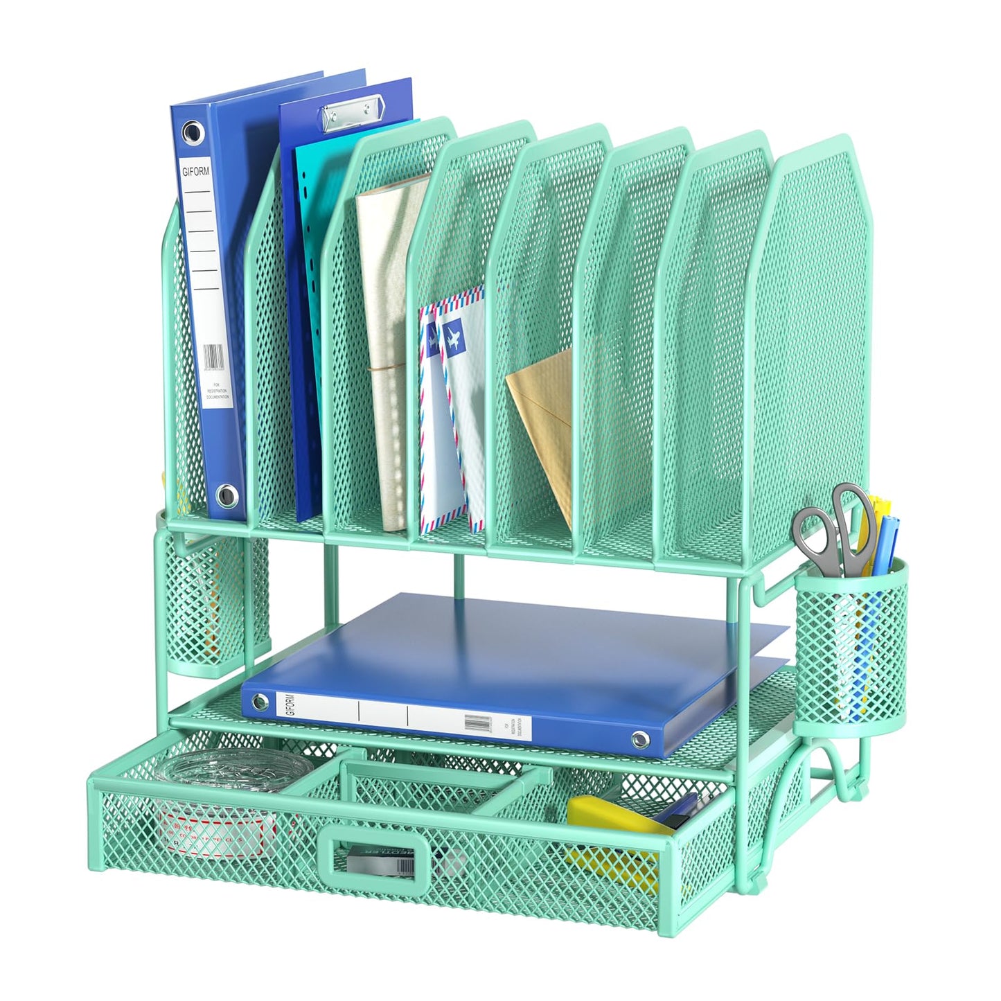 FANXIYQ Metal Desk Organizer with Sliding Drawer, 7-Section File Organizer for Desk, Desktop File Folder & Paper Organizer with 2 Hanging Pen Holders, Office Supplies Organizer, Green