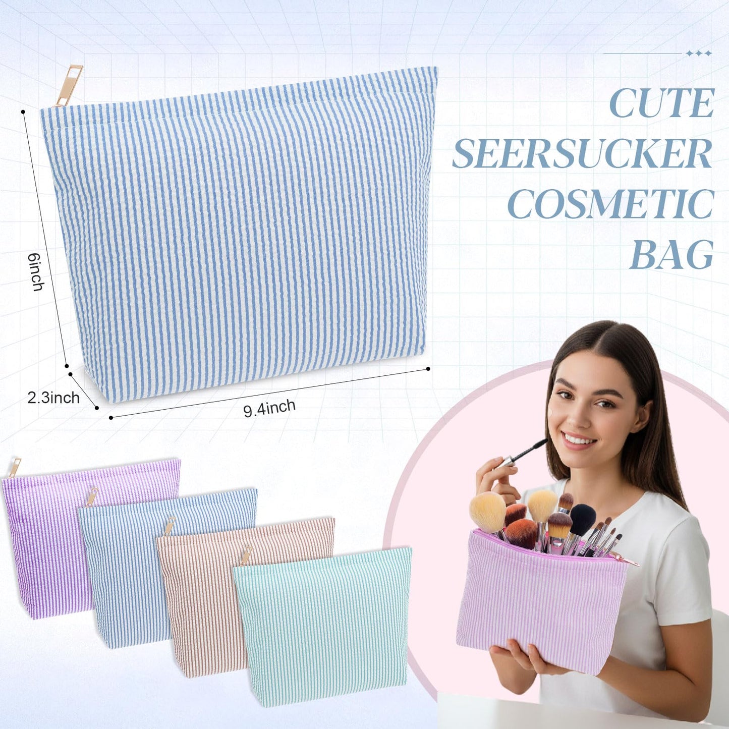 Sanwuta 4 Pcs Seersucker Makeup Bag for Women Stripe Cosmetic Bag Travel Toiletry Organizer Preppy Storage Pouch Valentines Galentines Gifts for Wedding Bridesmaid Mom(Blue, Khaki, Purple, Lake Blue)