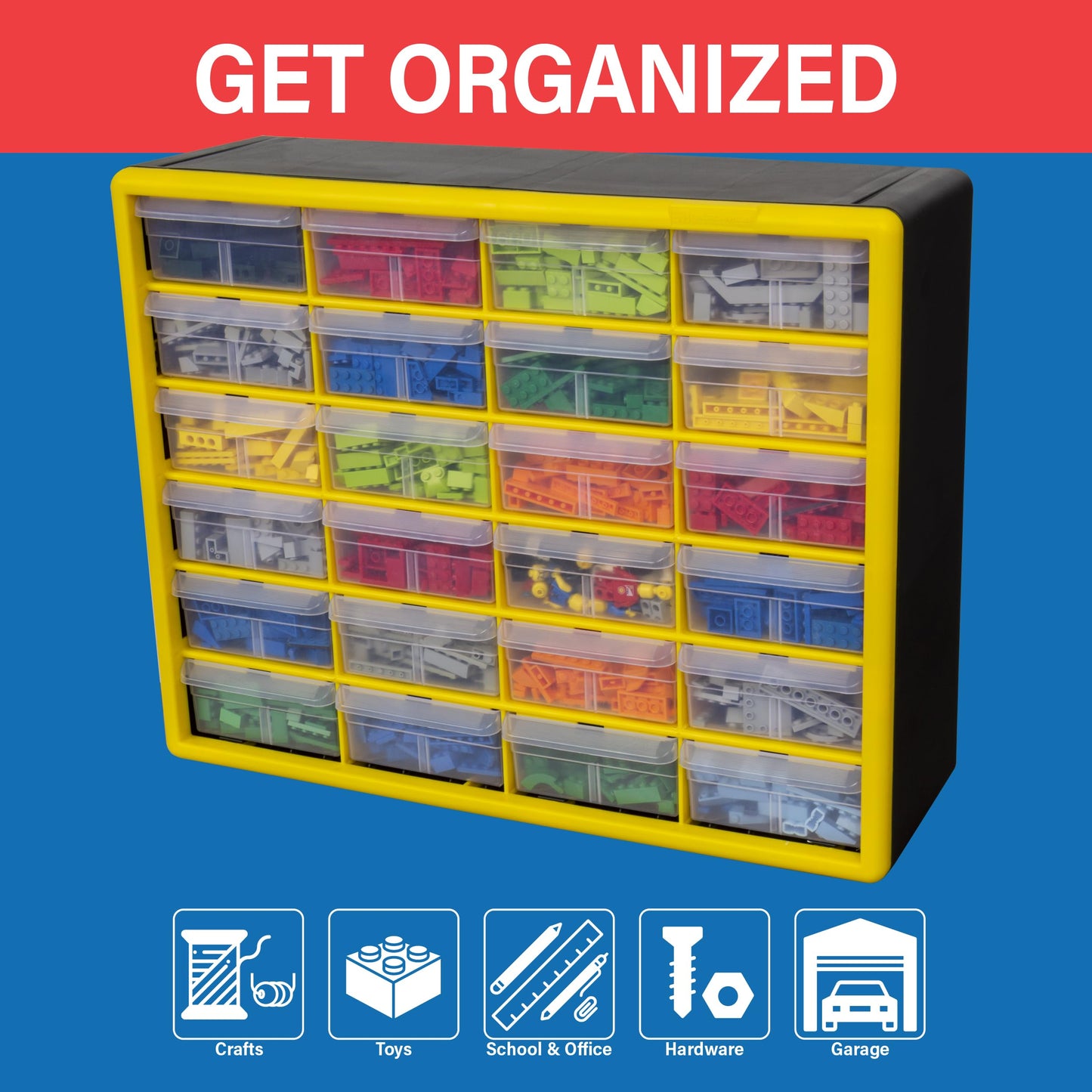 Akro-Mils 24-Drawer Plastic Drawer Storage Cabinet for Garage Organization, Bead Organizer, Building Bricks Storage, Teacher Toolbox, Makeup Organizer, 20" W x 6" D x 16" H, 10724 Black