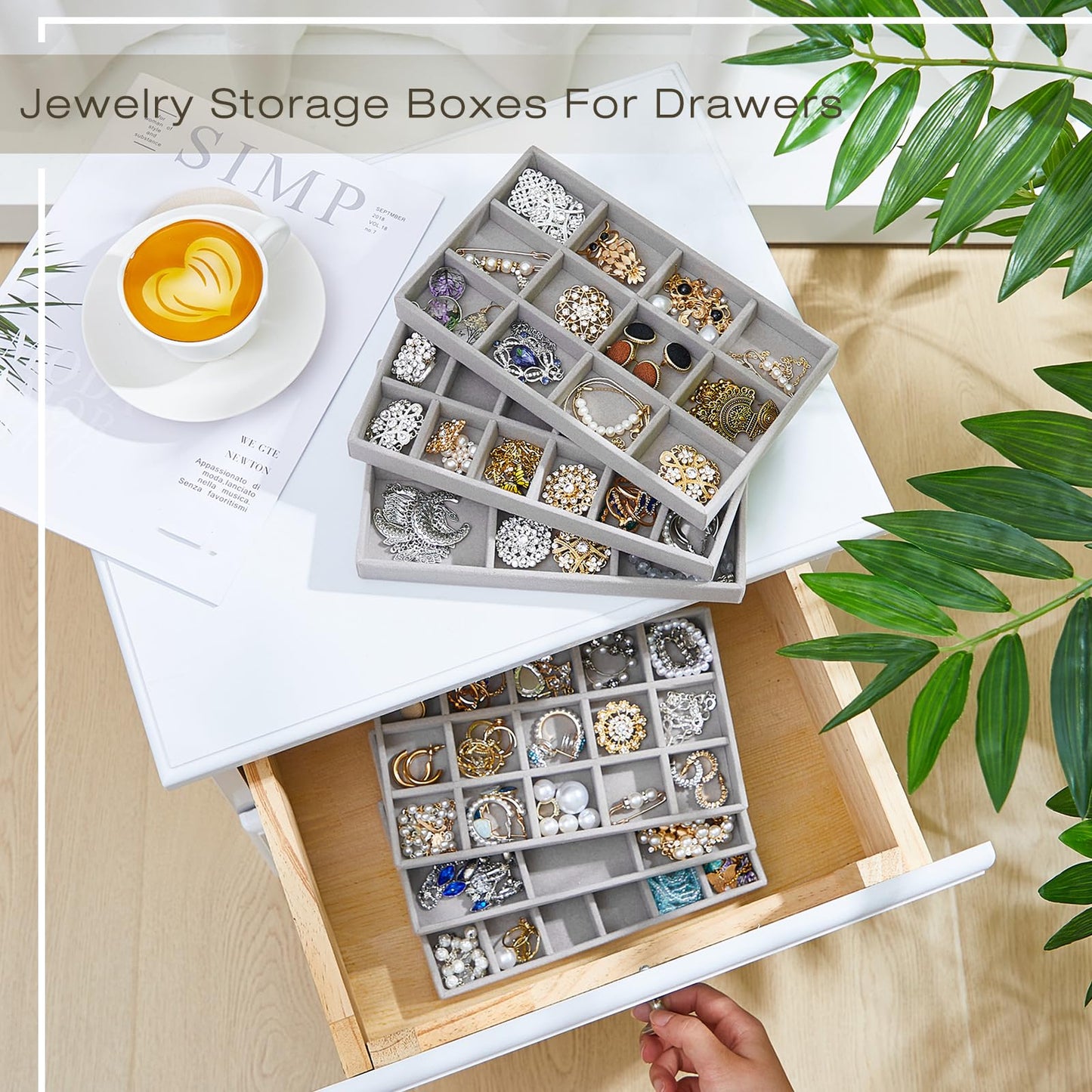 Junkin 12 Pcs Jewelry Tray Velvet Stackable Jewelry Organizer Trays Divided Earring Accessories Storage Containers Box(Gray)