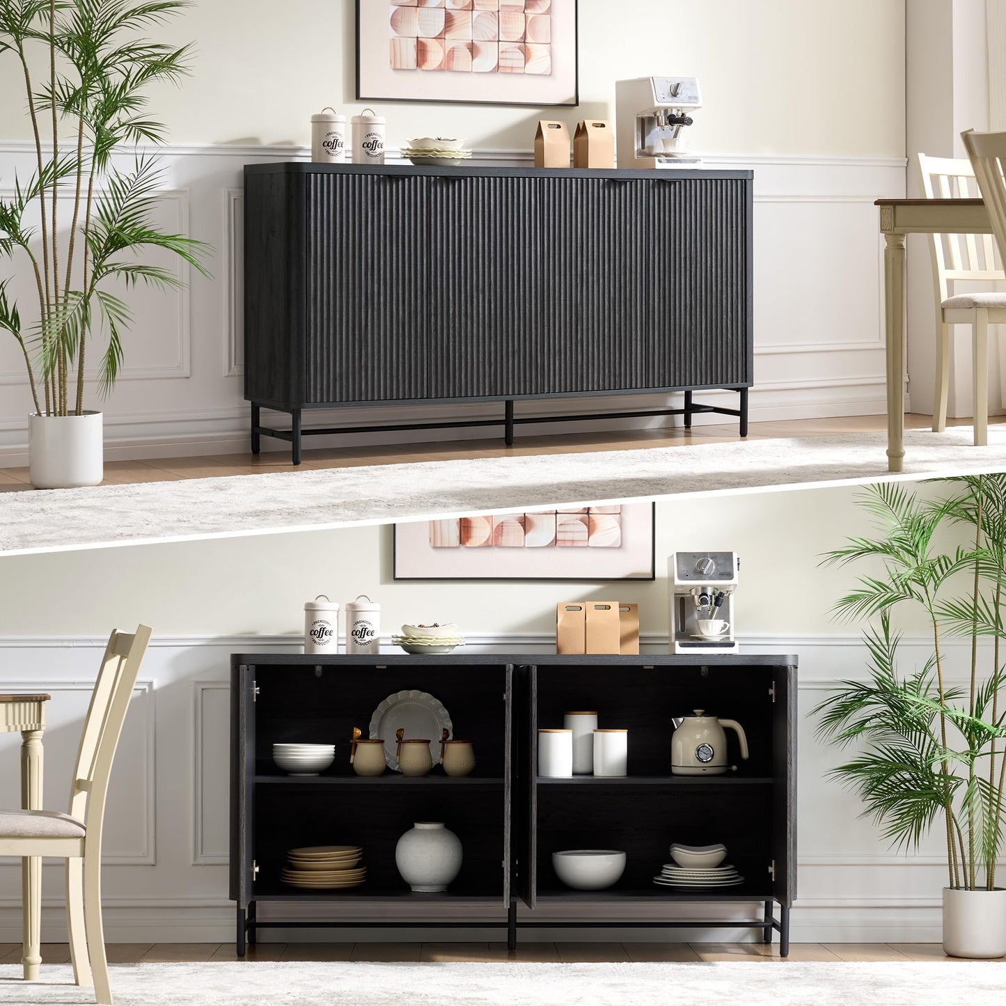 Fatmok 65" Fluted Buffet Cabinet with Adjustable Shelves – Large Sideboard Storage Console, Coffee Bar & Dining Room Organizer, White Fluted Credenza for Living Room, Entryway, Kitchen, Black Grey