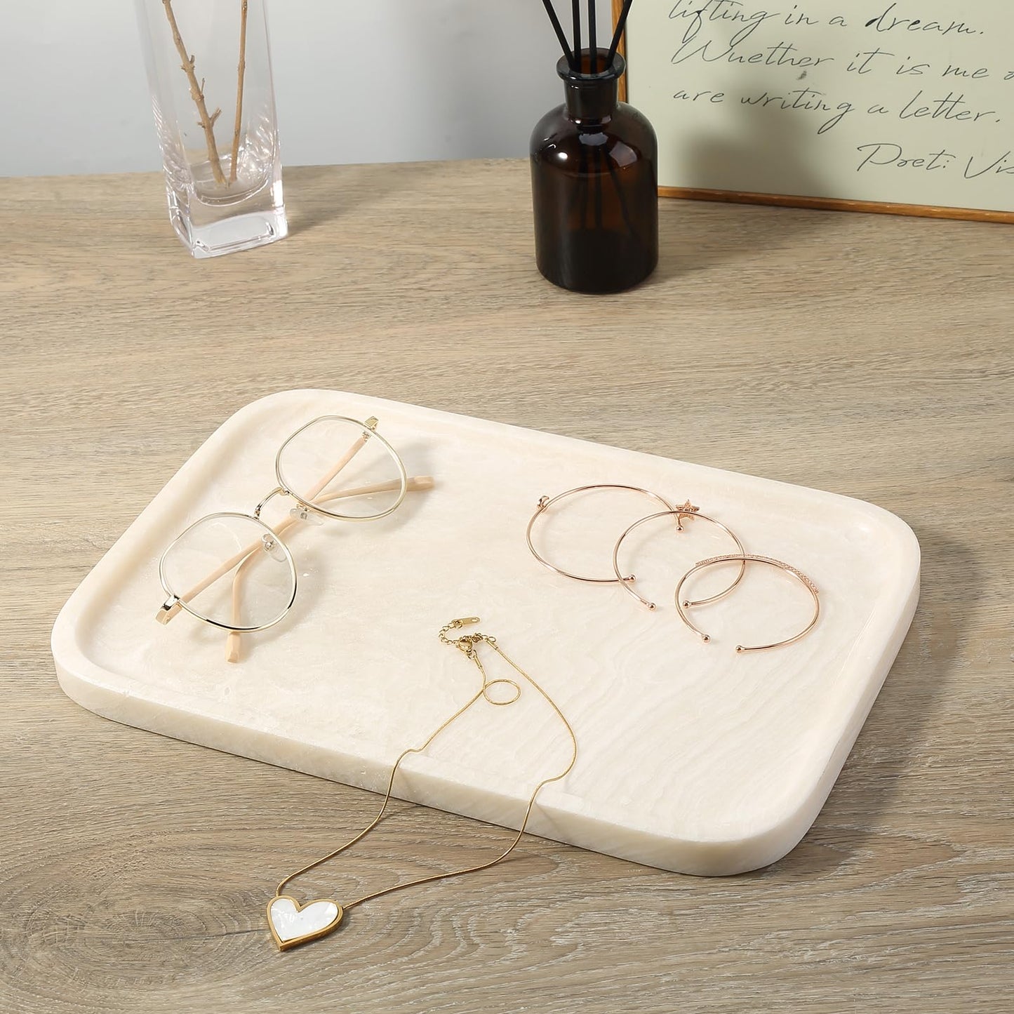 Koville Marble Tray, 12"x8" Marble Vanity Tray for Countertop Bathroom Kitchen Dresser, Decorative Catchall Trays for Perfume Jewelry, Rectangular Stone Serving Tray(Navona)