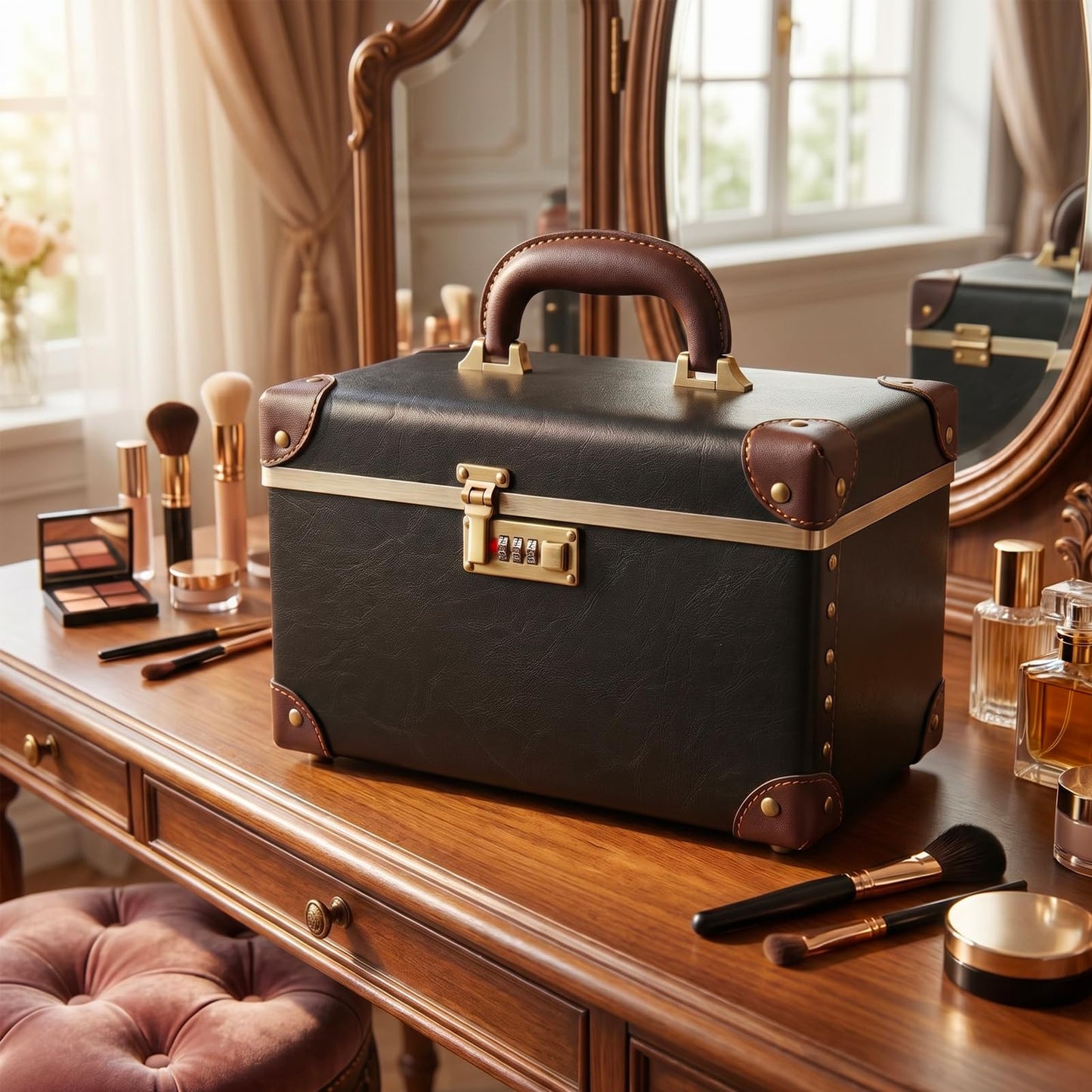 urecity Vintage Artificial Leather Makeup Train Case, Professional Cosmetic Organizer with Metal Combination Lock, Retro Style Storage Box, Black/Brown, Medium (Length: 12.5")