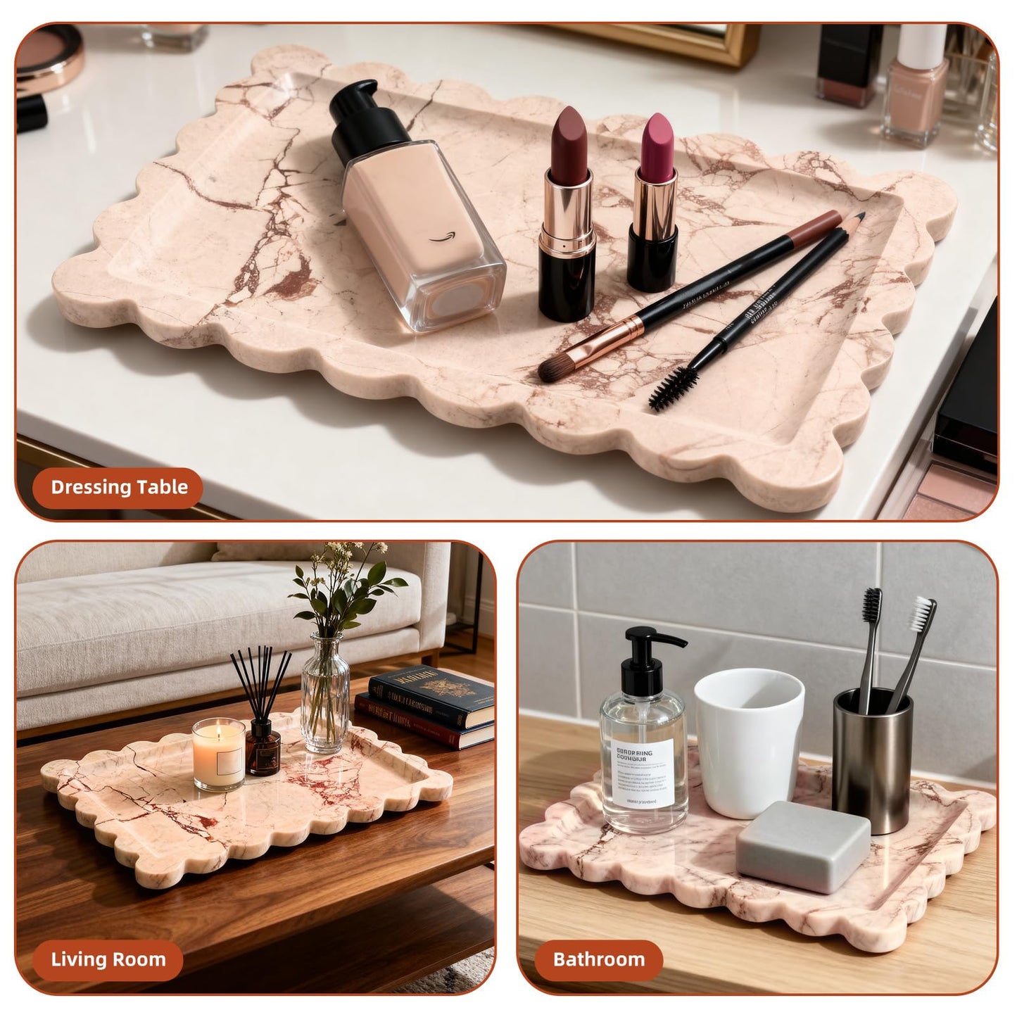 Yew & Tulip Natural Marble Vanity Tray with Scalloped Rim, Nature Rose Pink Luxury Stone Serving Tray for Bathroom, Kitchen, Vanity, Home Decor, Wedding etc. (12"x 8" x 0.6")