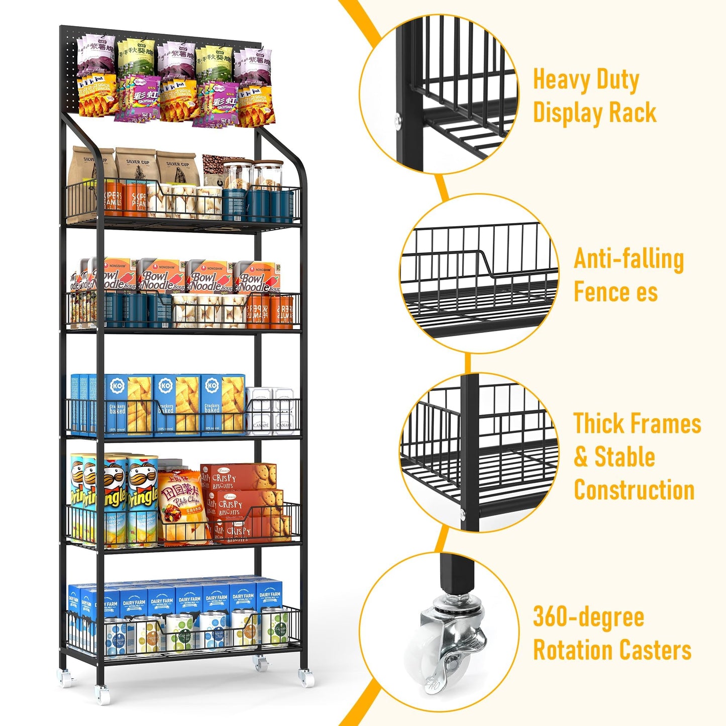 Wpokke Retail Snack Display Stand, 5-Tier Black Metal Storage Shelf Rack with Wheels & Hooks, Heavy Duty Retail Display Shelves for Snacks, Candy, Chips, Drinks, Organizer Rack for Store, Supermarket