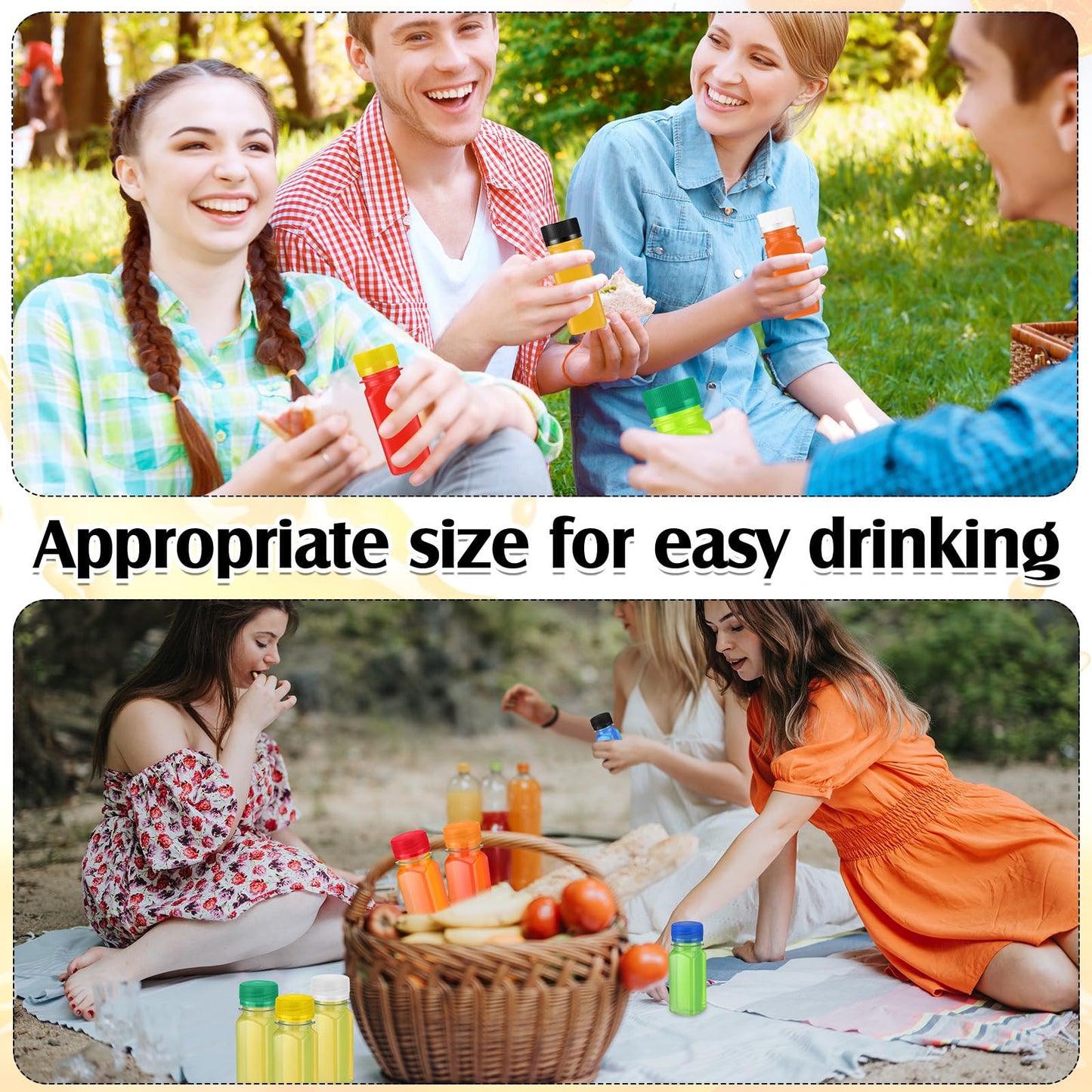 Roshtia 100 Pcs 2oz Small Clear Plastic Juice Bottles with Lid for Liquids Reusable Ginger Shots Bottle Vial Beverage Container Leak Proof Mini Jars for Juice, Milk, Water (Mixed Color)
