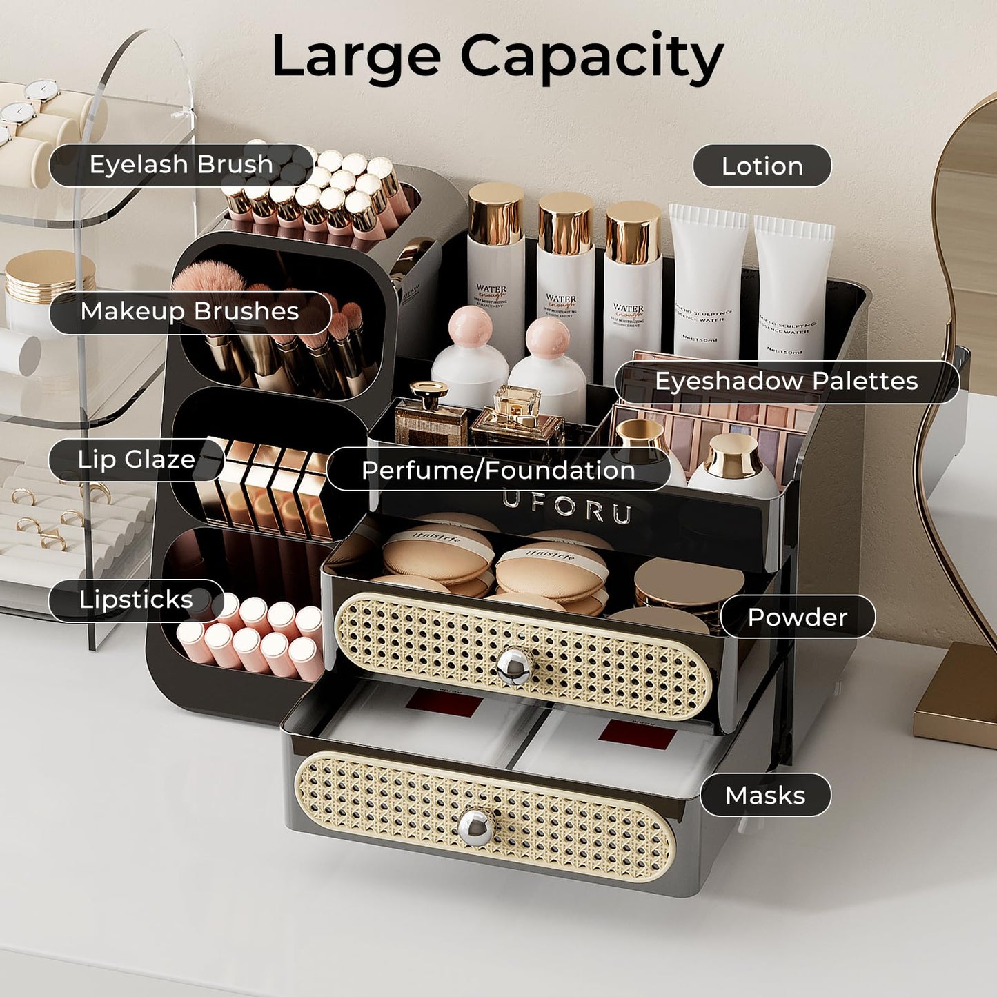 UFORU Makeup Organizer for Vanity with Brush Holder, Large Capacity Bathroom Countertop Skincare Organizer with 2 Drawers, Cosmetic Display Case for Perfumes, Eyeshadow Palettes, Nail Polishes